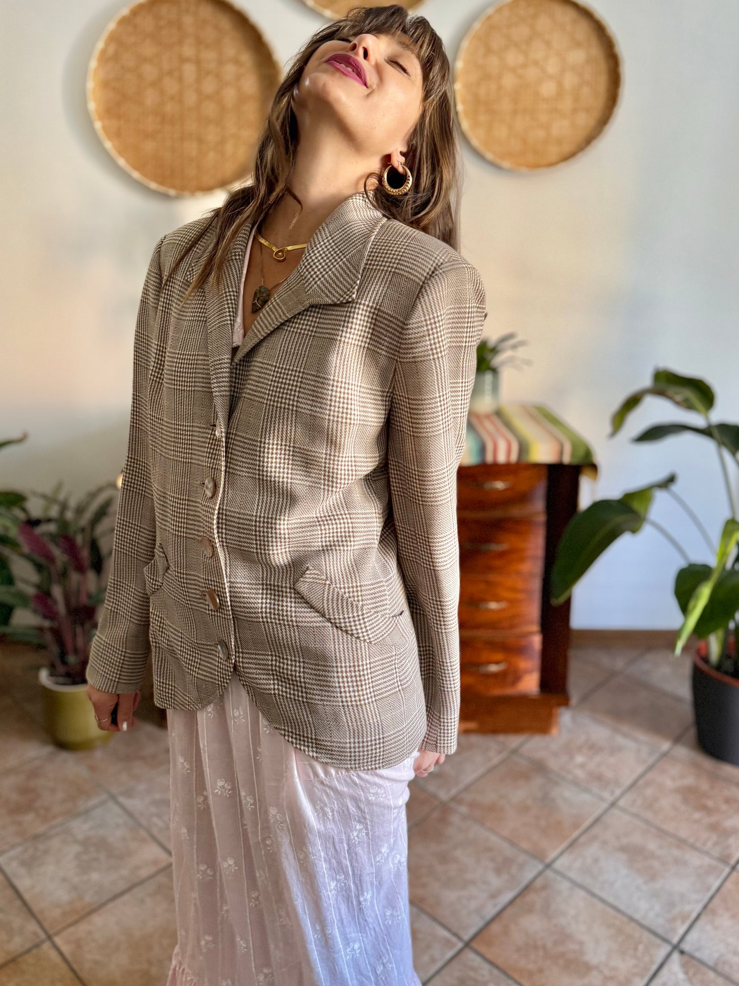 1970's vintage brown and cream plaid tweed blazer with oversize mother of pearl buttons