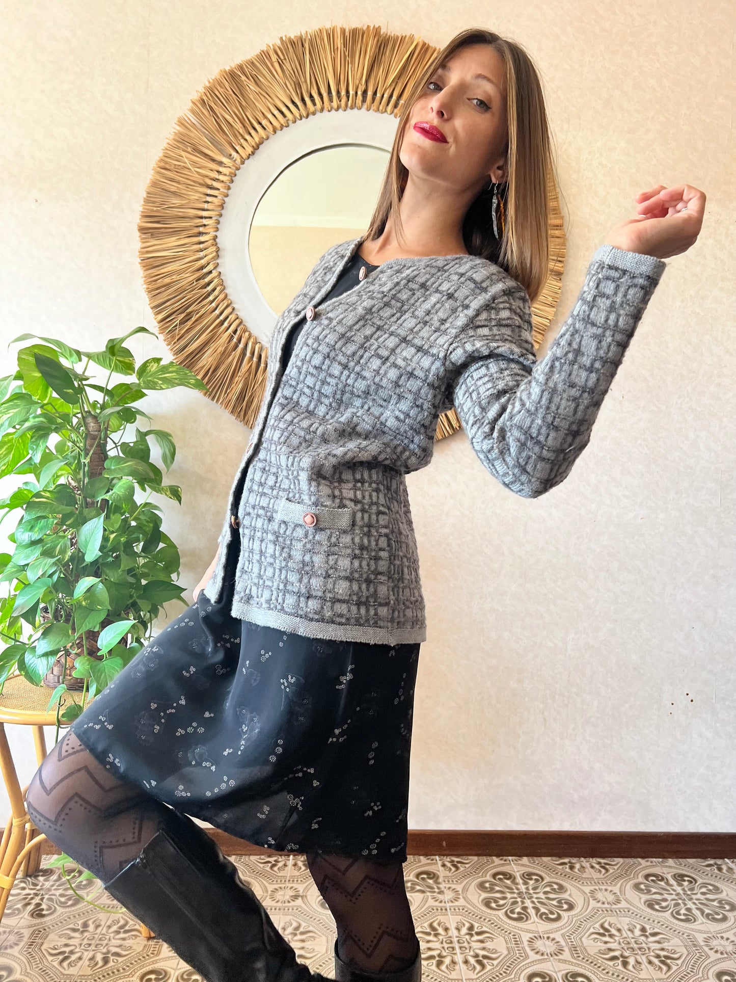 Cardigan lavorato a maglia geometrico grigio multi tono vintage anni '70