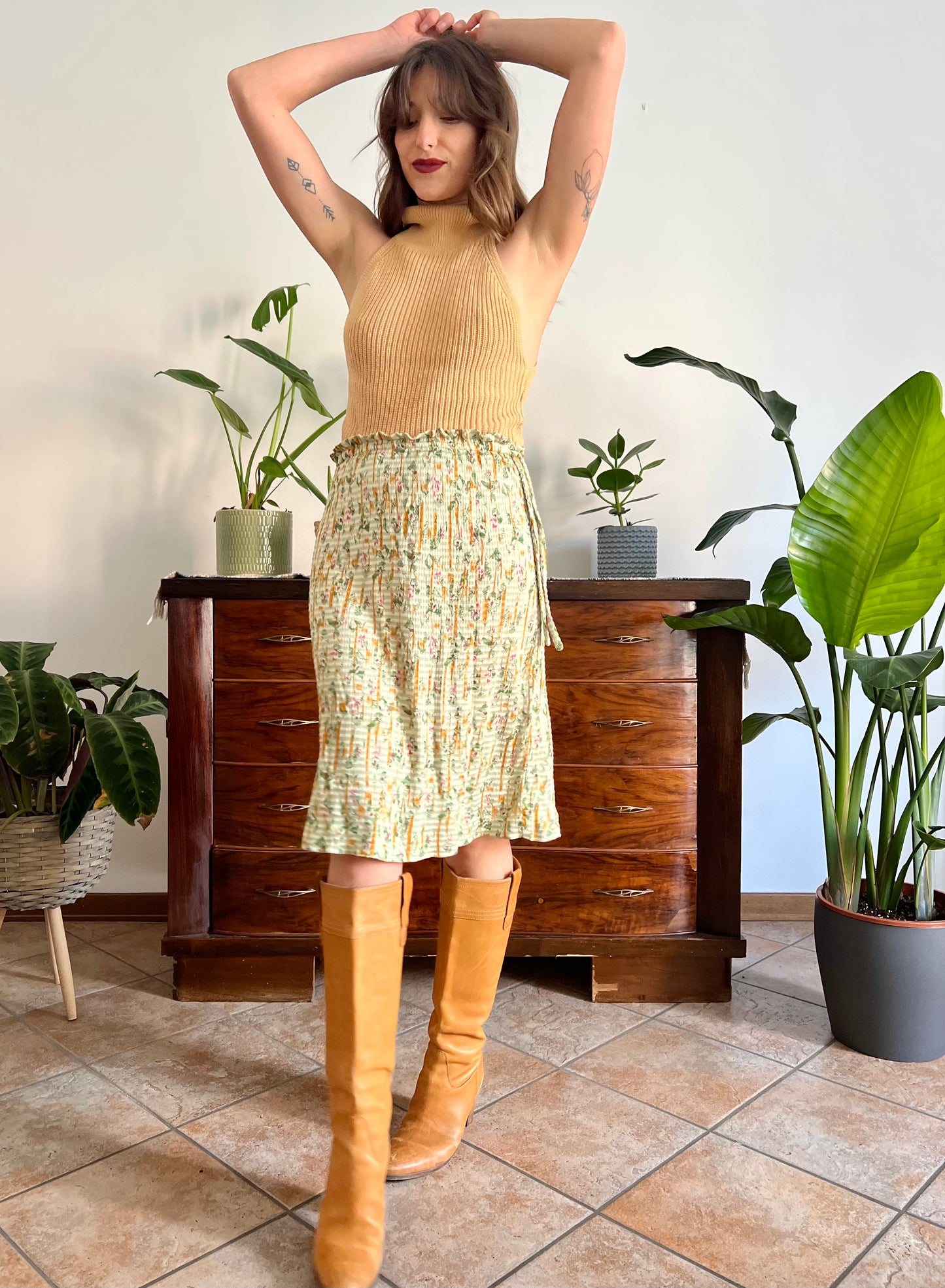 1970's vintage mint green knit floral midi skirt with pink and yellow floral pattern