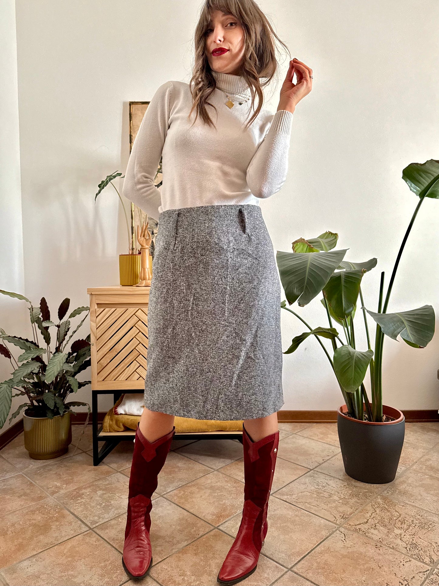 1990's vintage wool grey tweed midi skirt