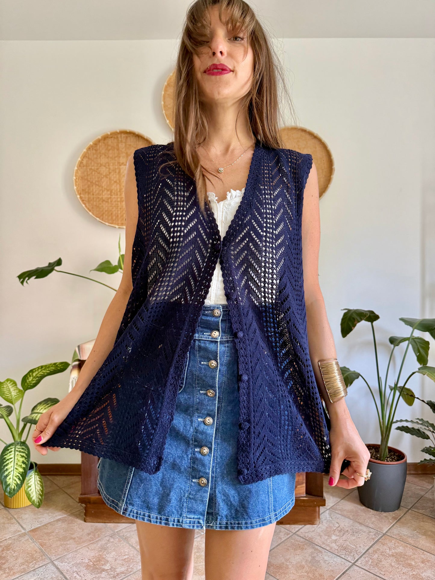 1990's vintage navy blue crochet vest