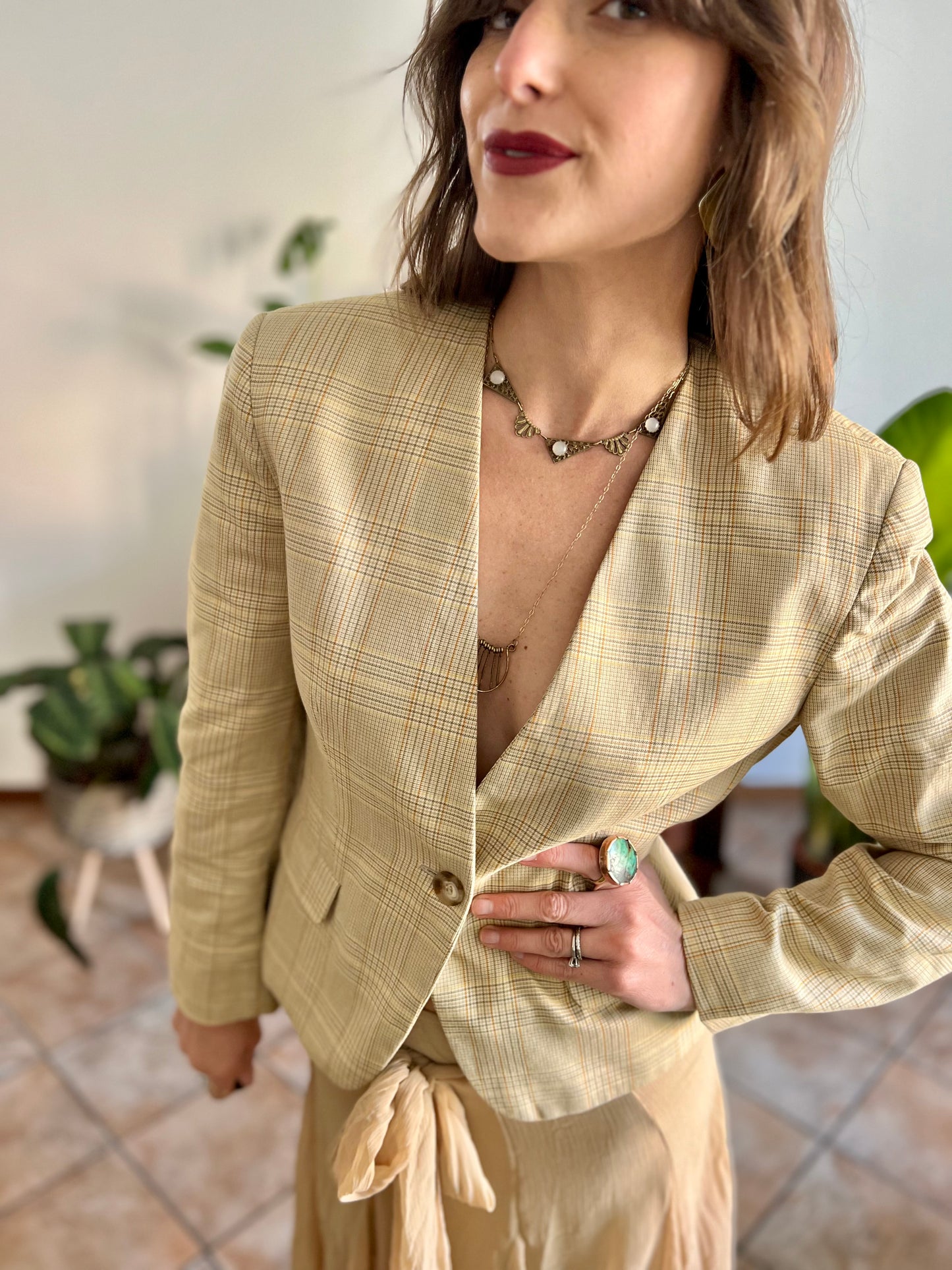 1990's vintage tan and organe plaid tailored blazer