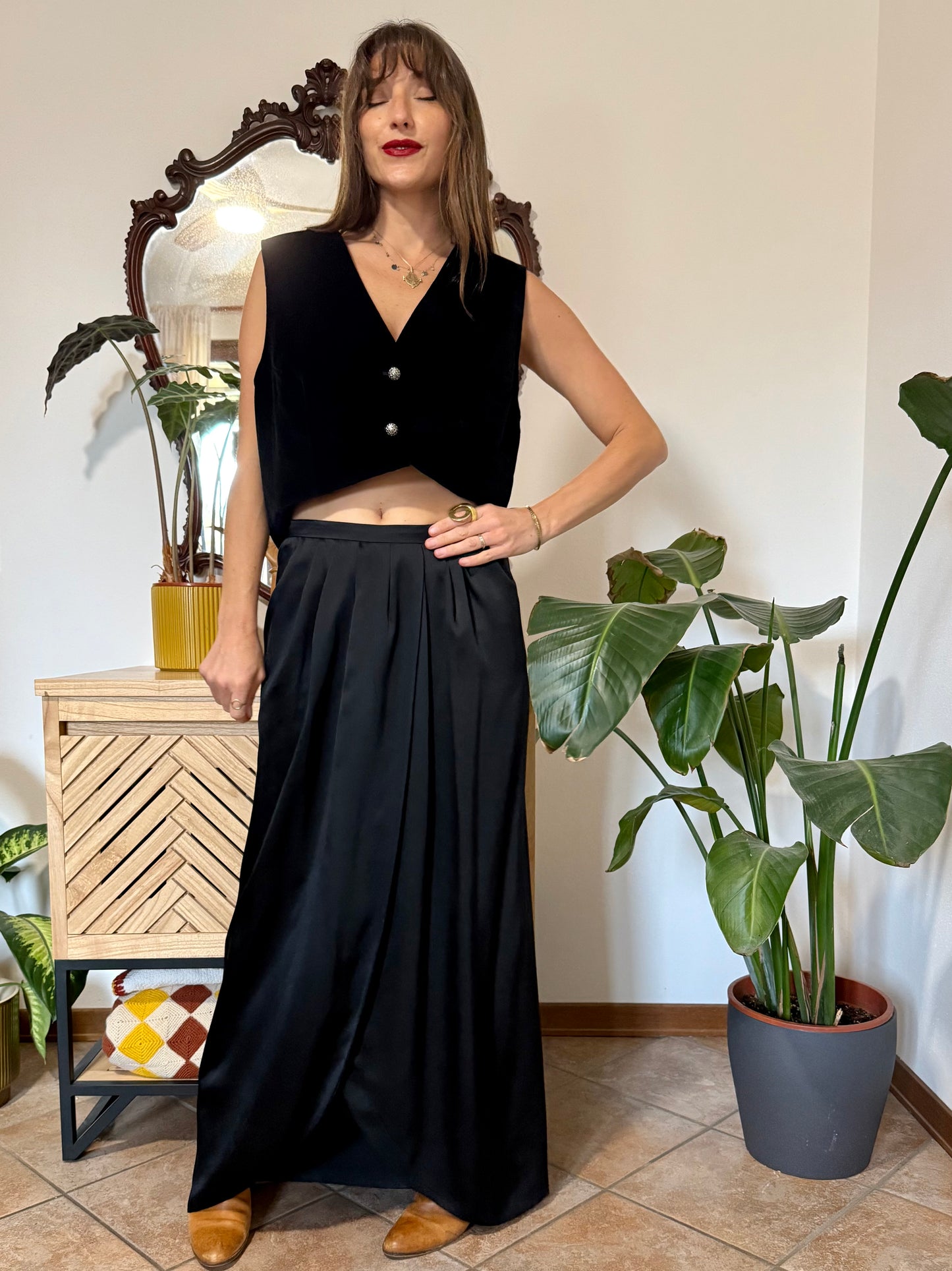 1970's vintage black silk maxi shirt and black velvet vest set