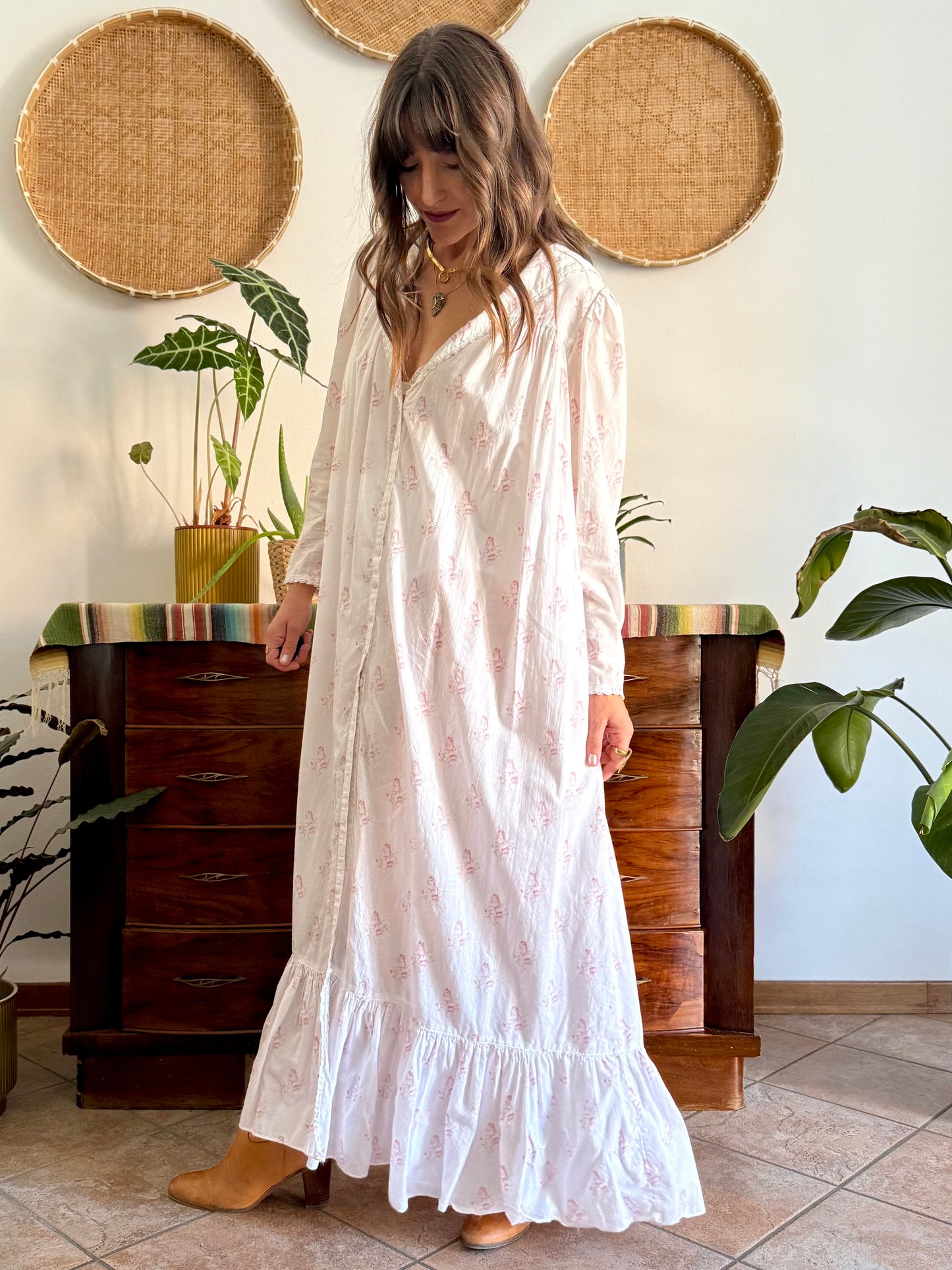 1970's vintage white cotton prairie maxi dress with pink floral print and Peter Pan collar