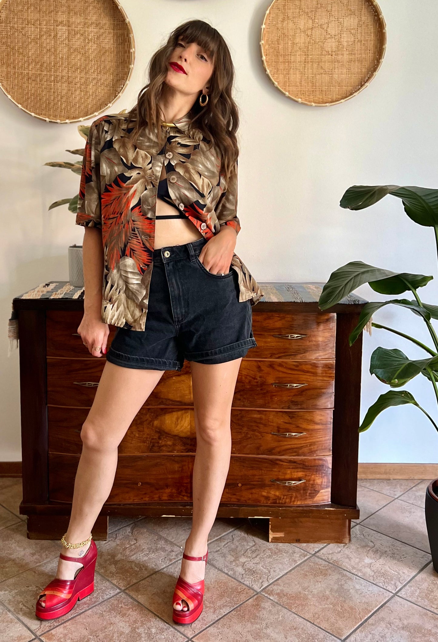 1970's vintage orange, tan and black botanical print shirt