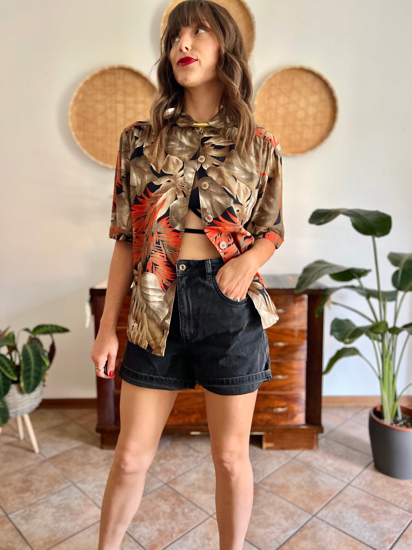1970's vintage orange, tan and black botanical print shirt