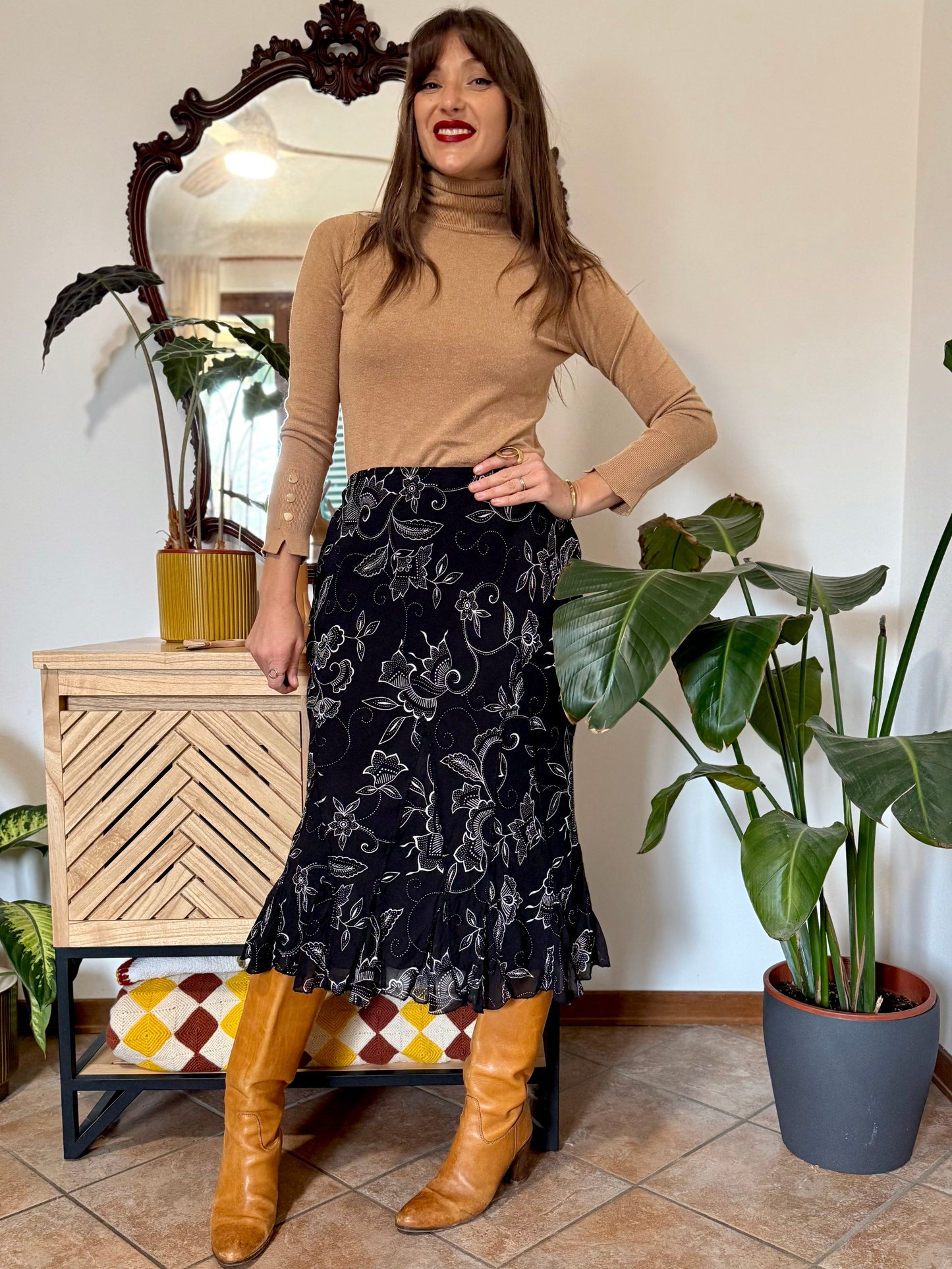 1990's vintage black and white asymetrical floral midi skirt