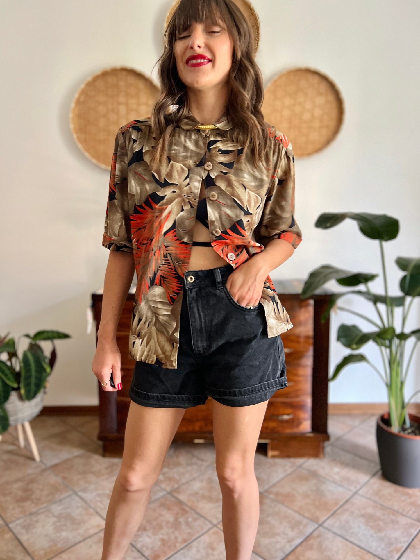 1970's vintage orange, tan and black botanical print shirt