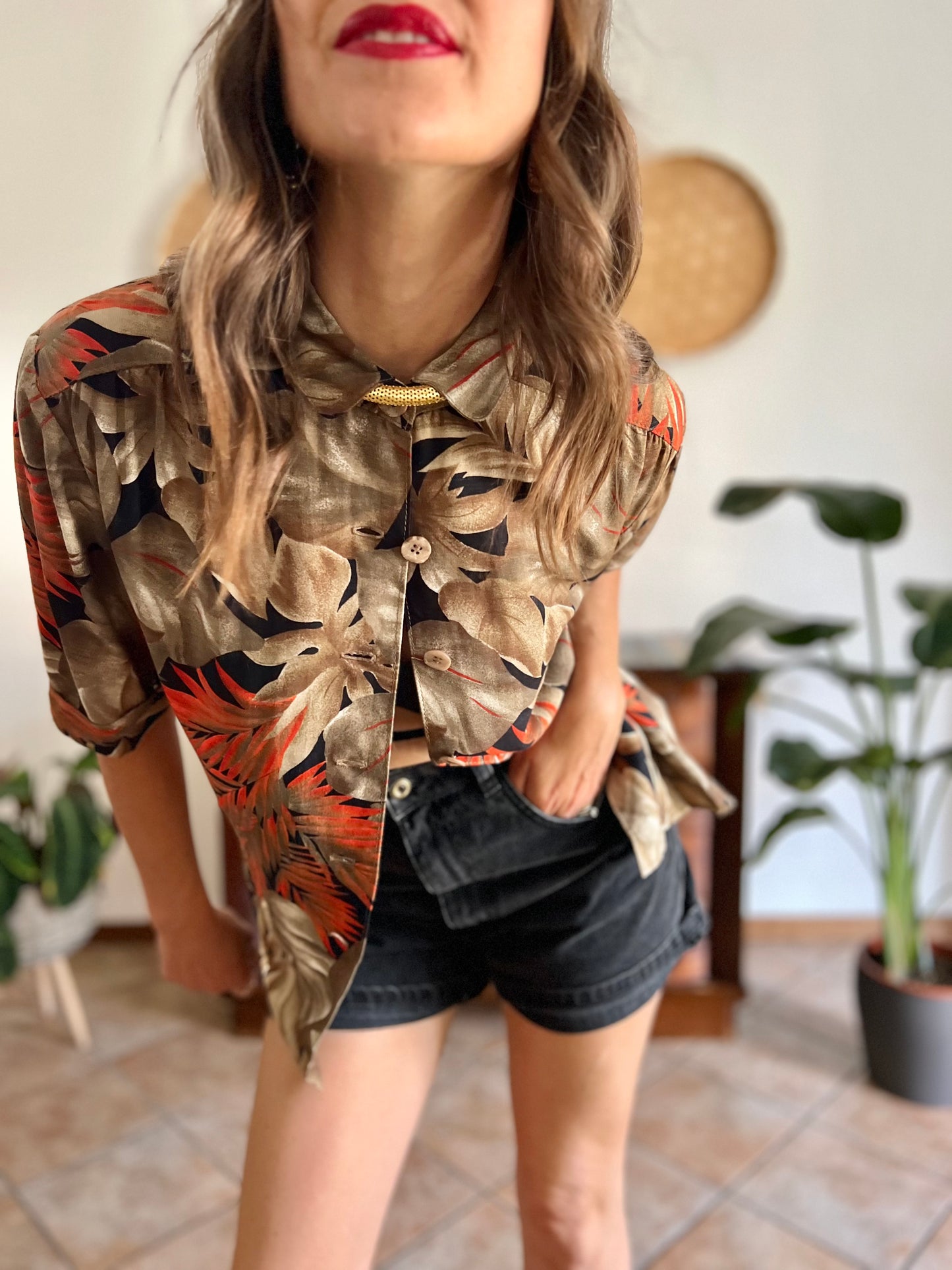 1970's vintage orange, tan and black botanical print shirt