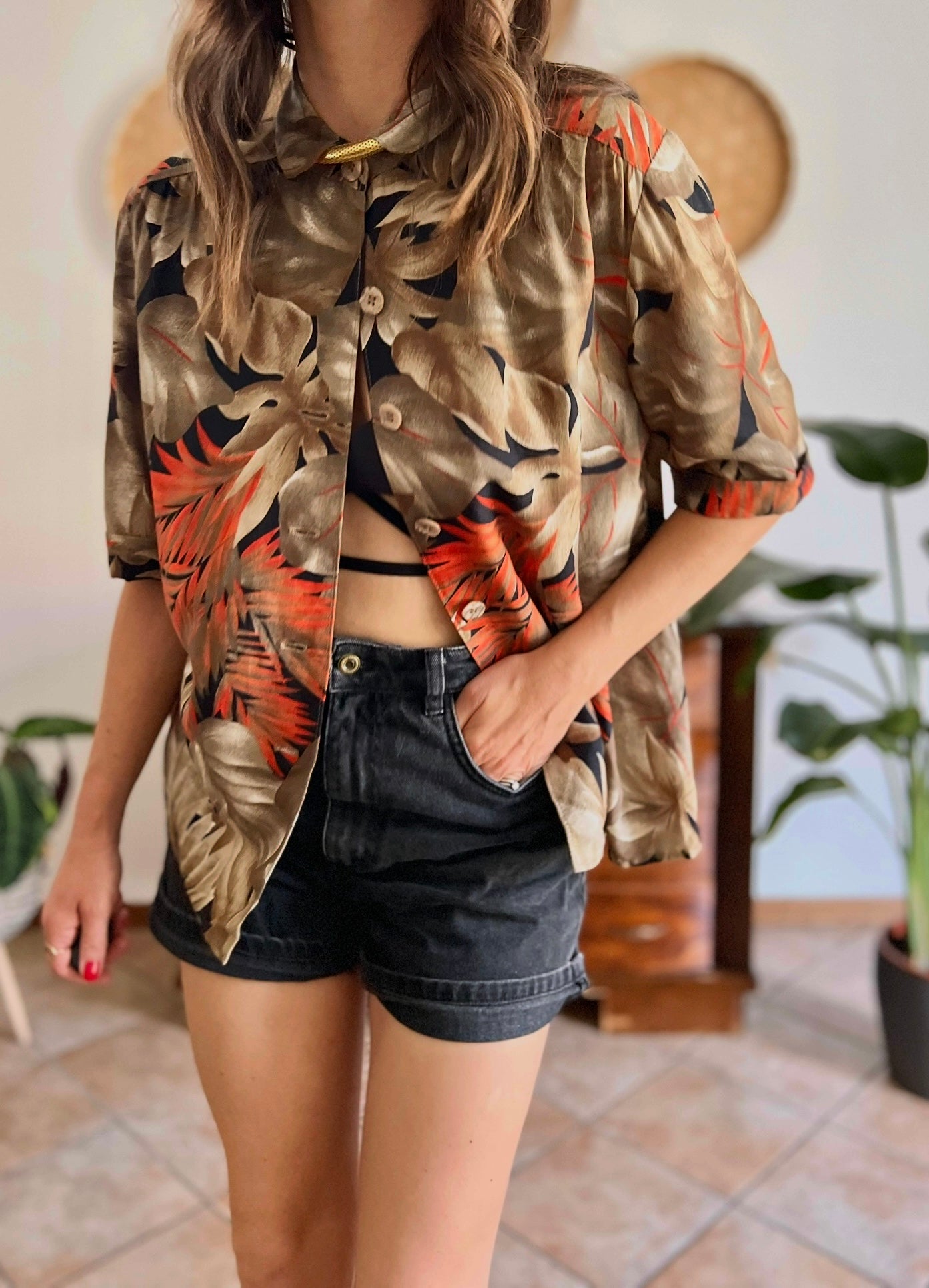 1970's vintage orange, tan and black botanical print shirt