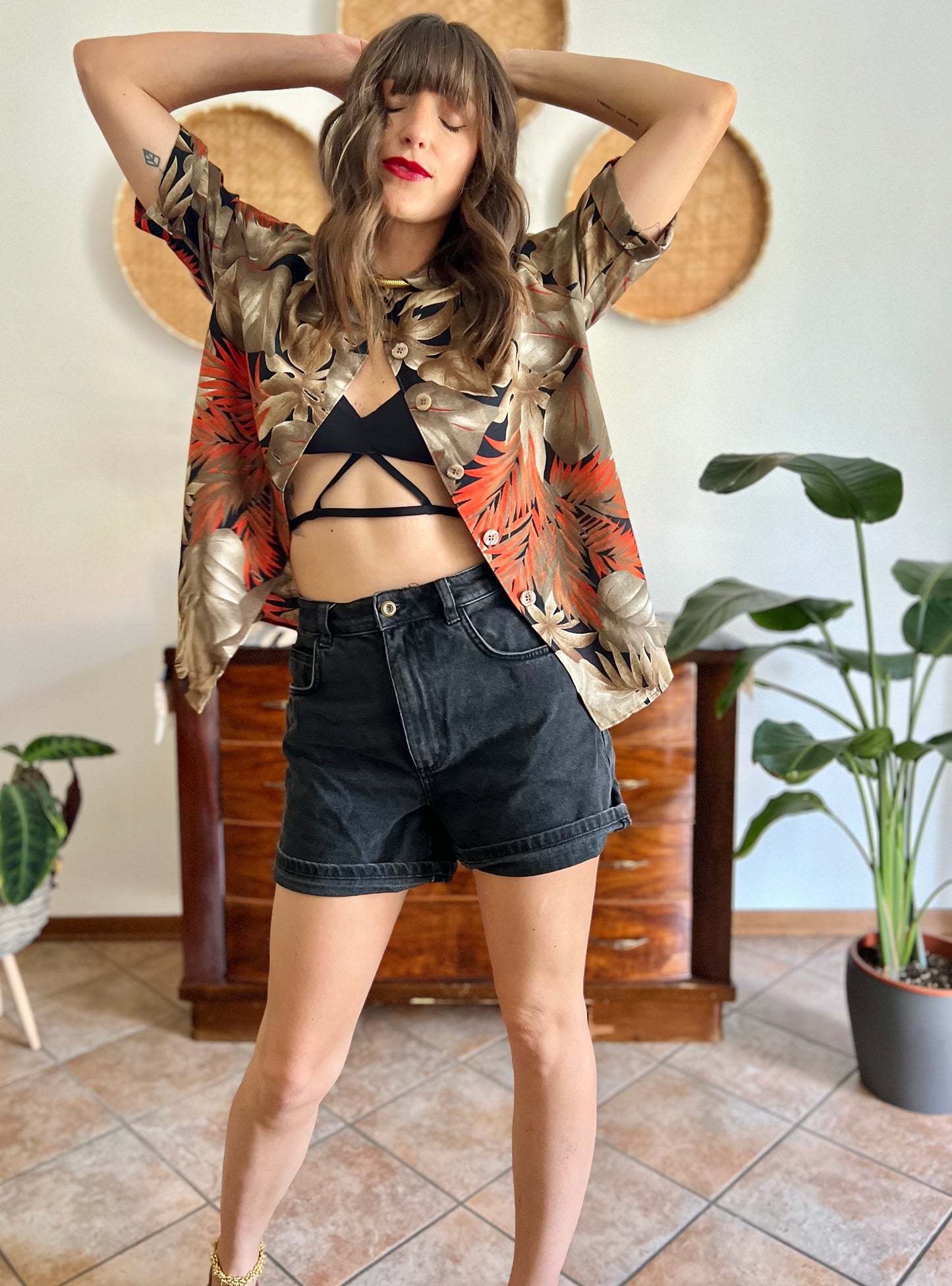 1970's vintage orange, tan and black botanical print shirt