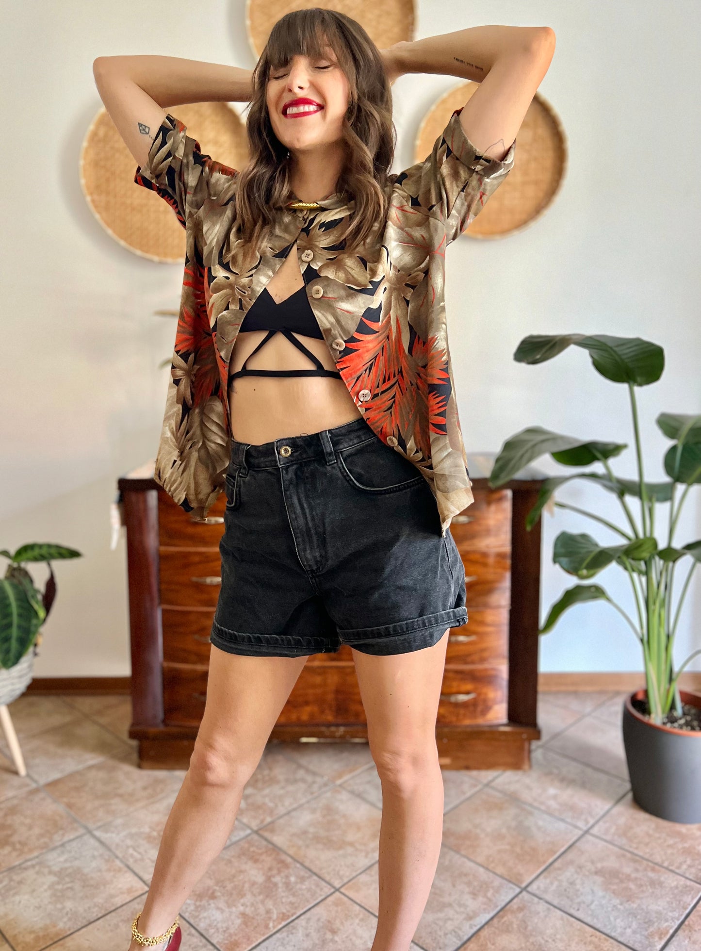 1970's vintage orange, tan and black botanical print shirt