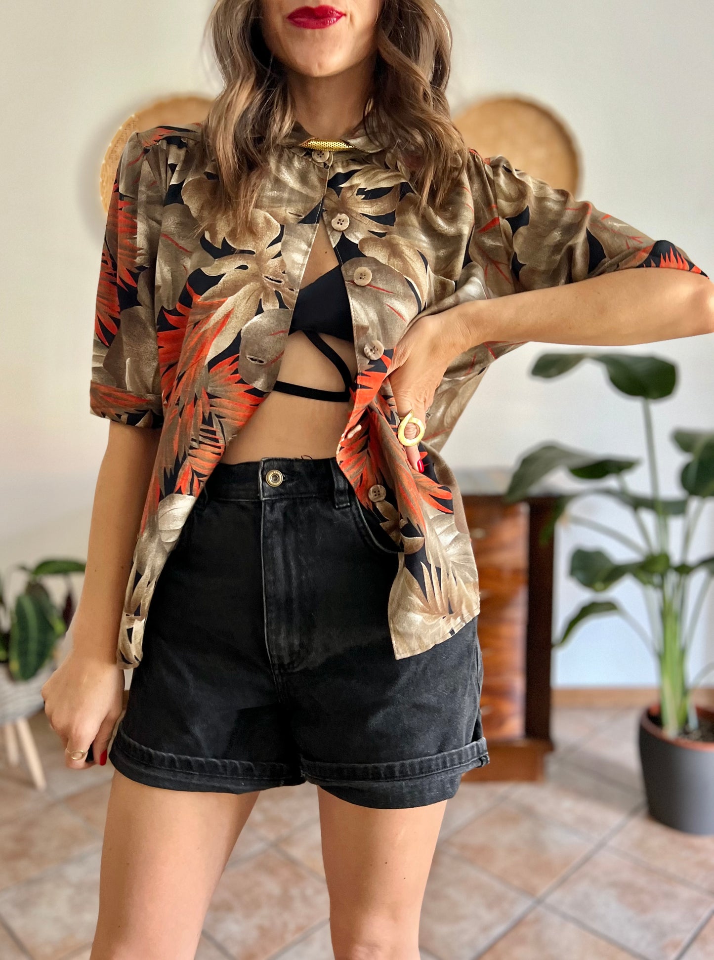 1970's vintage orange, tan and black botanical print shirt