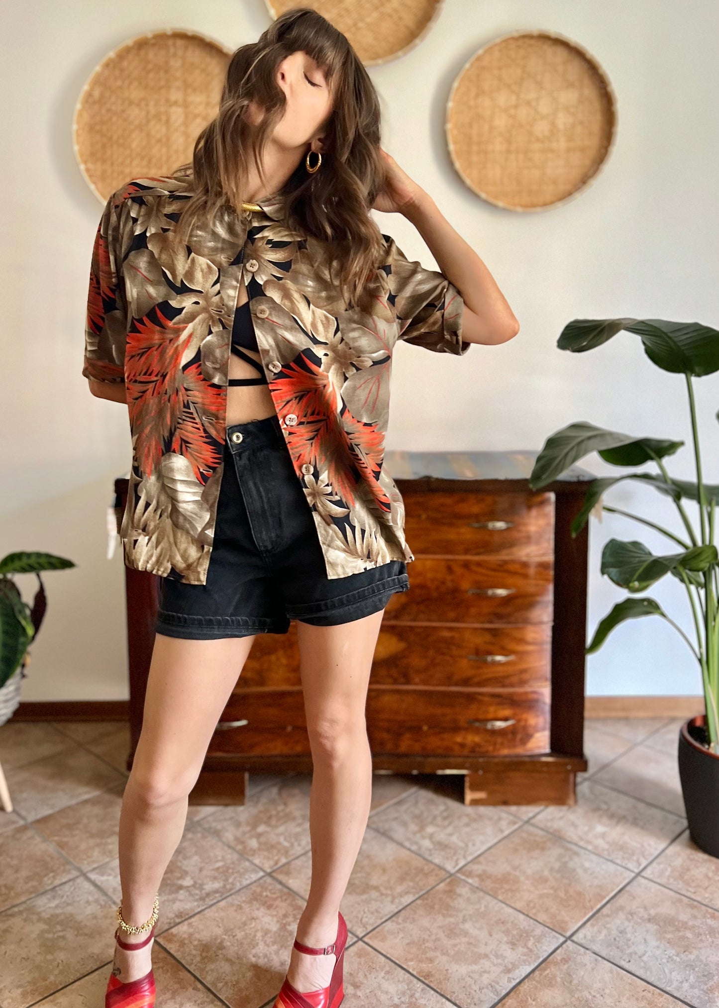 1970's vintage orange, tan and black botanical print shirt