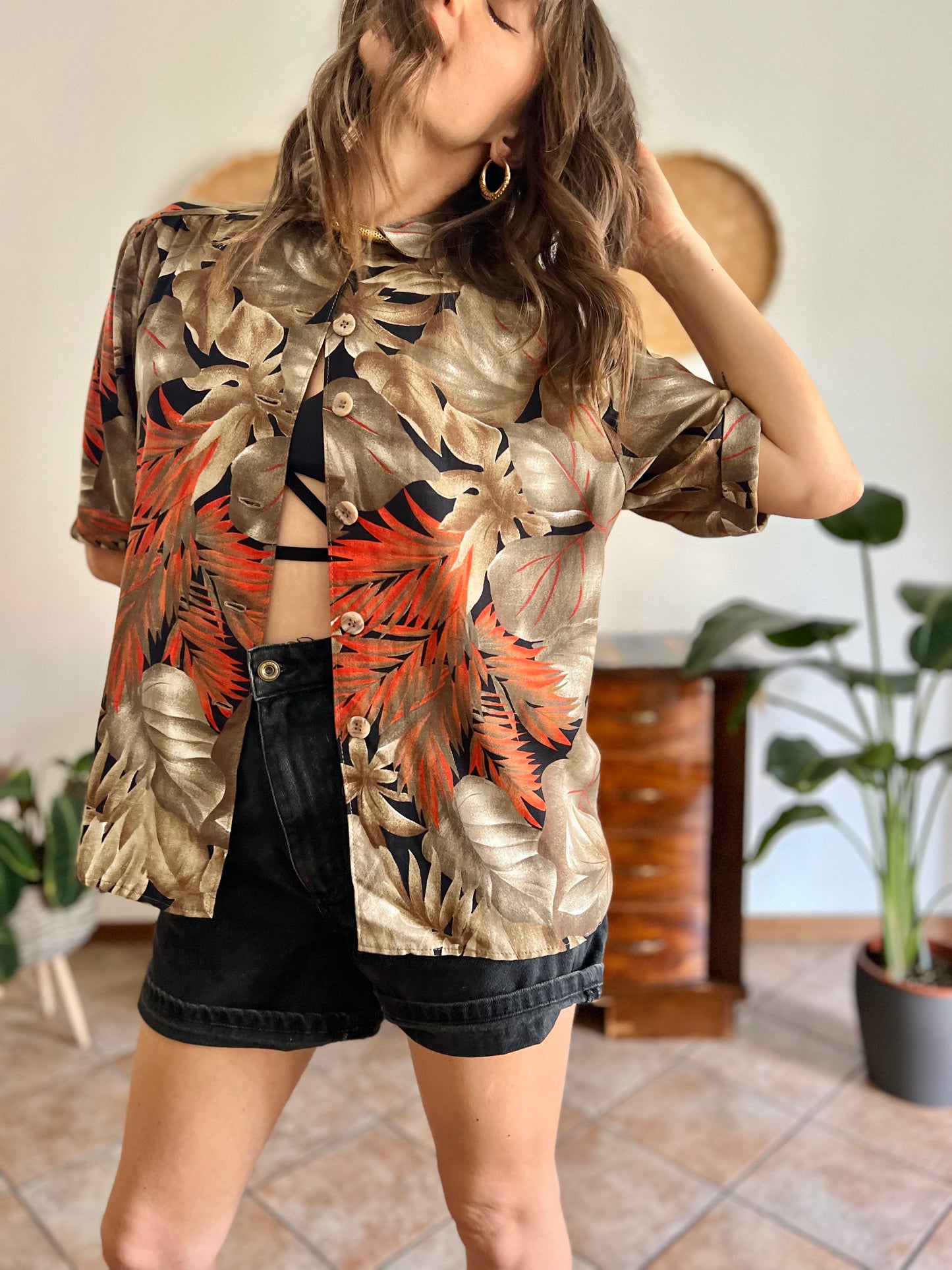 1970's vintage orange, tan and black botanical print shirt