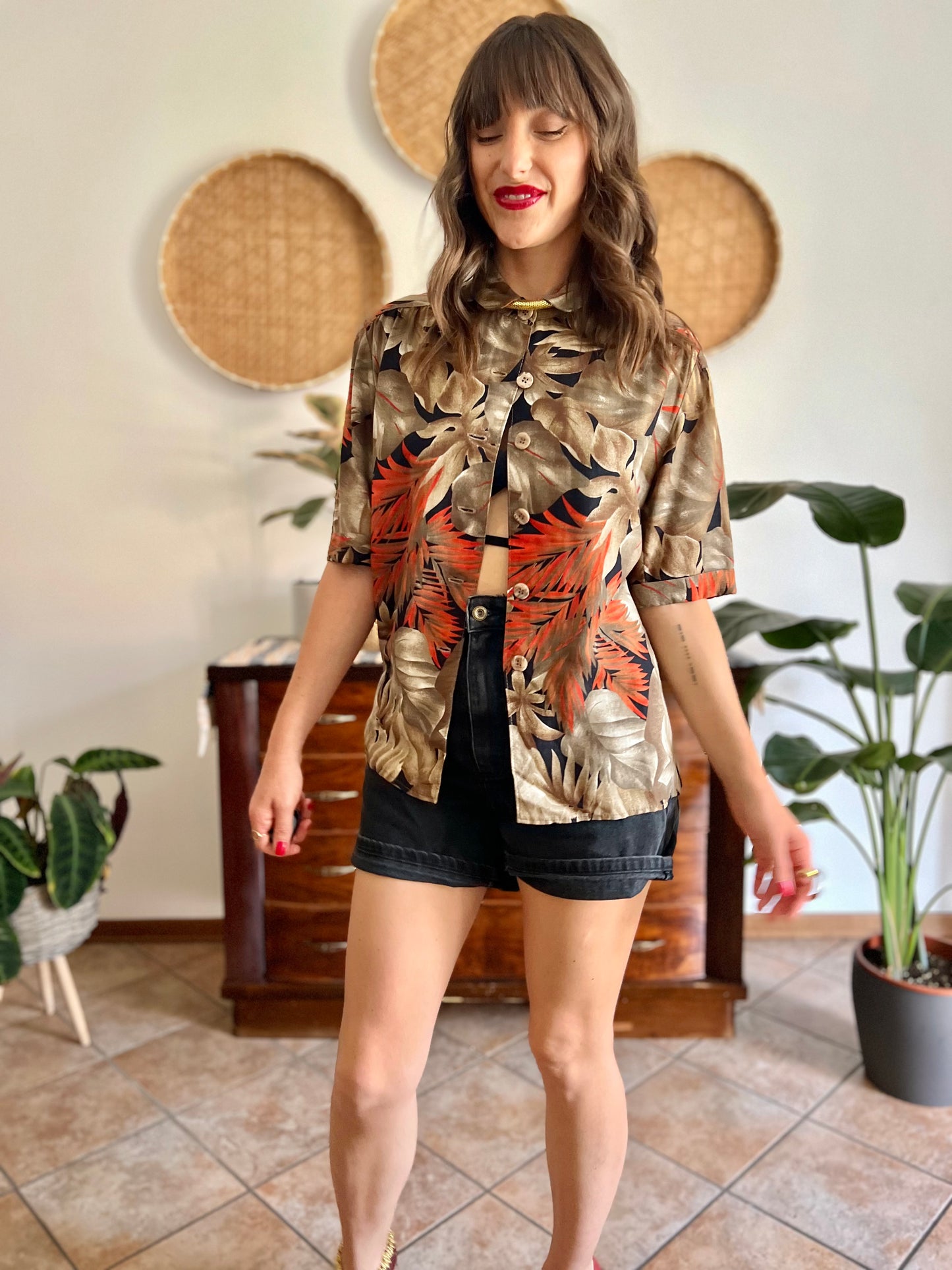 1970's vintage orange, tan and black botanical print shirt