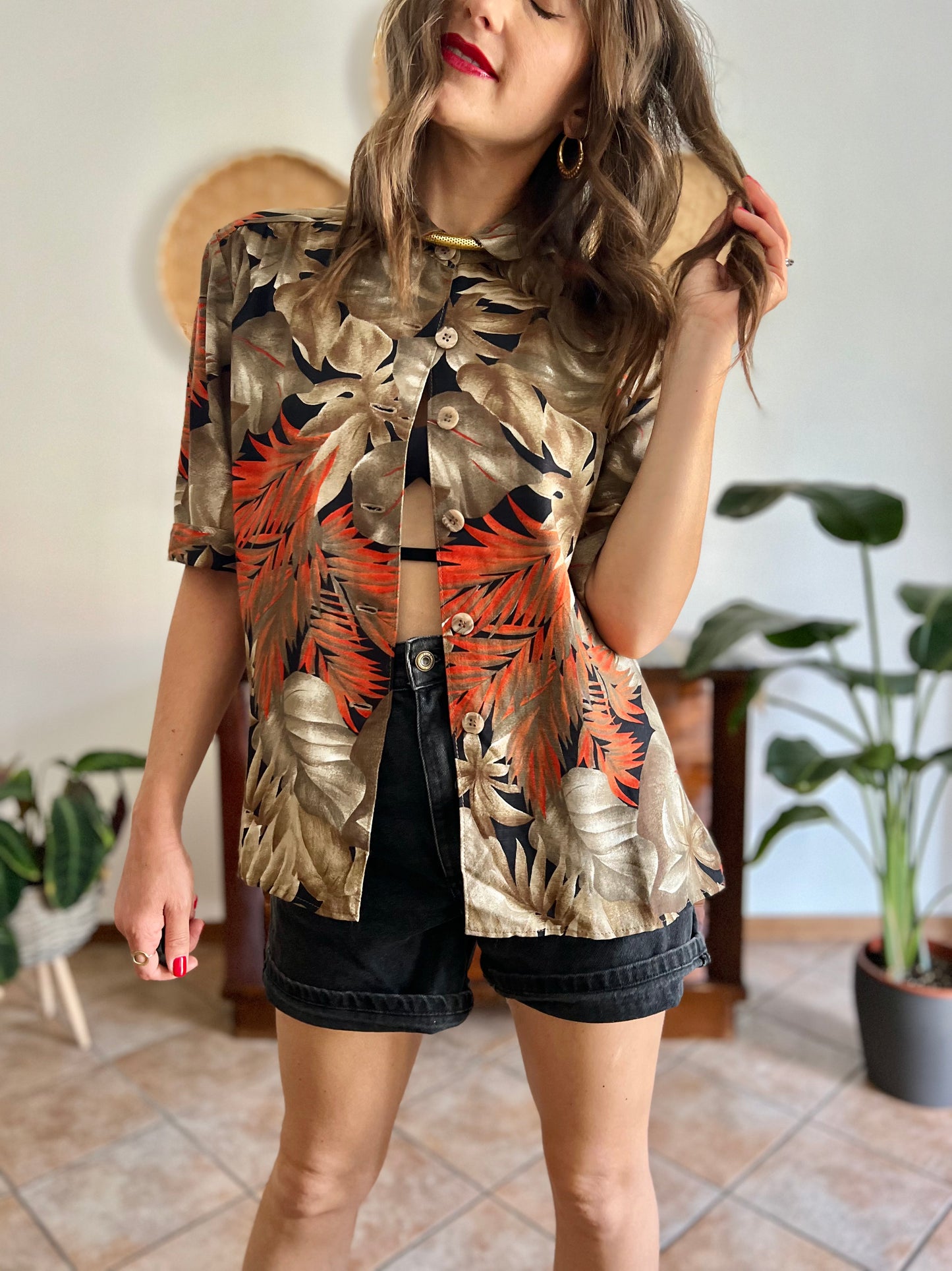 1970's vintage orange, tan and black botanical print shirt