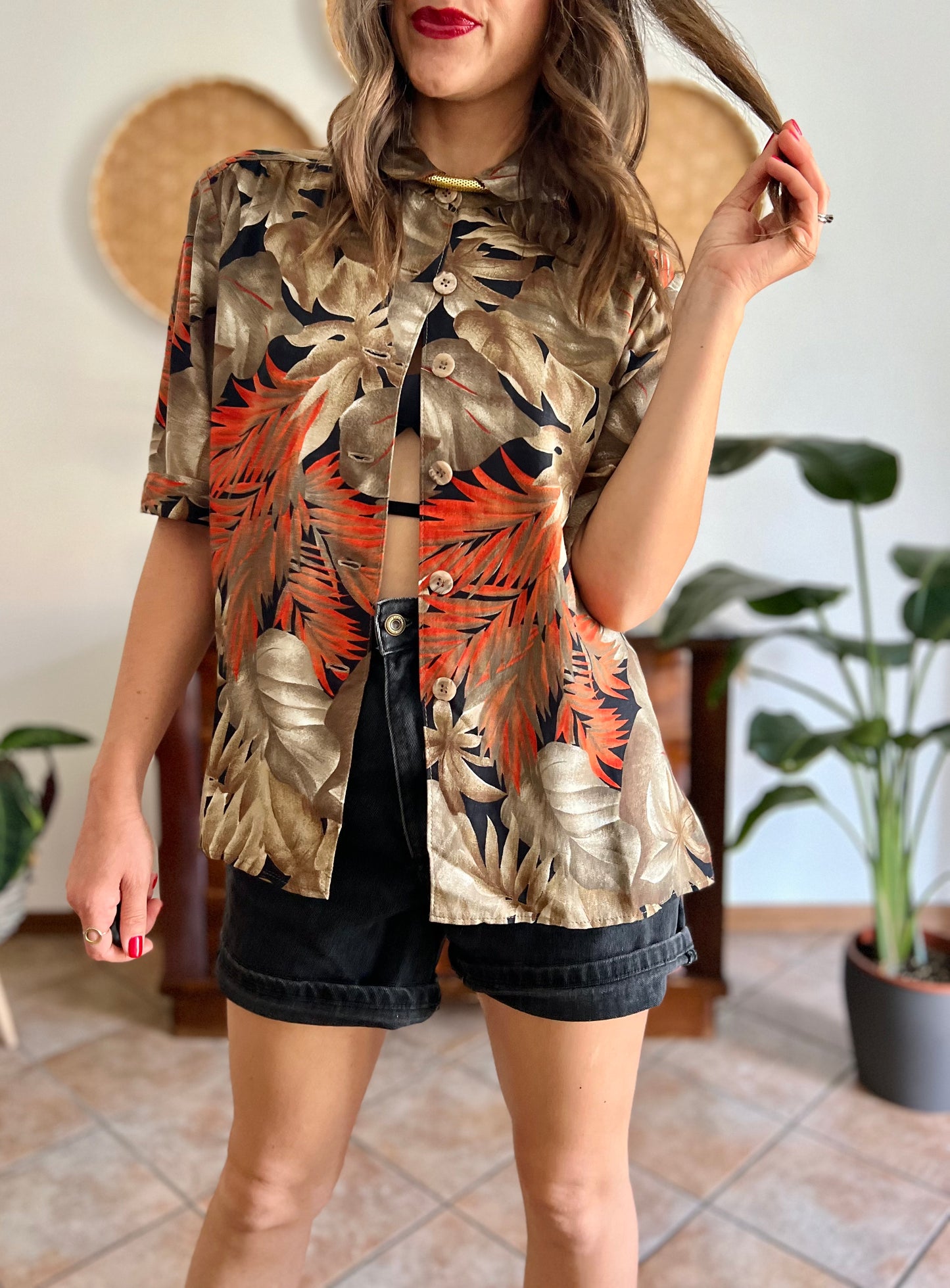 1970's vintage orange, tan and black botanical print shirt