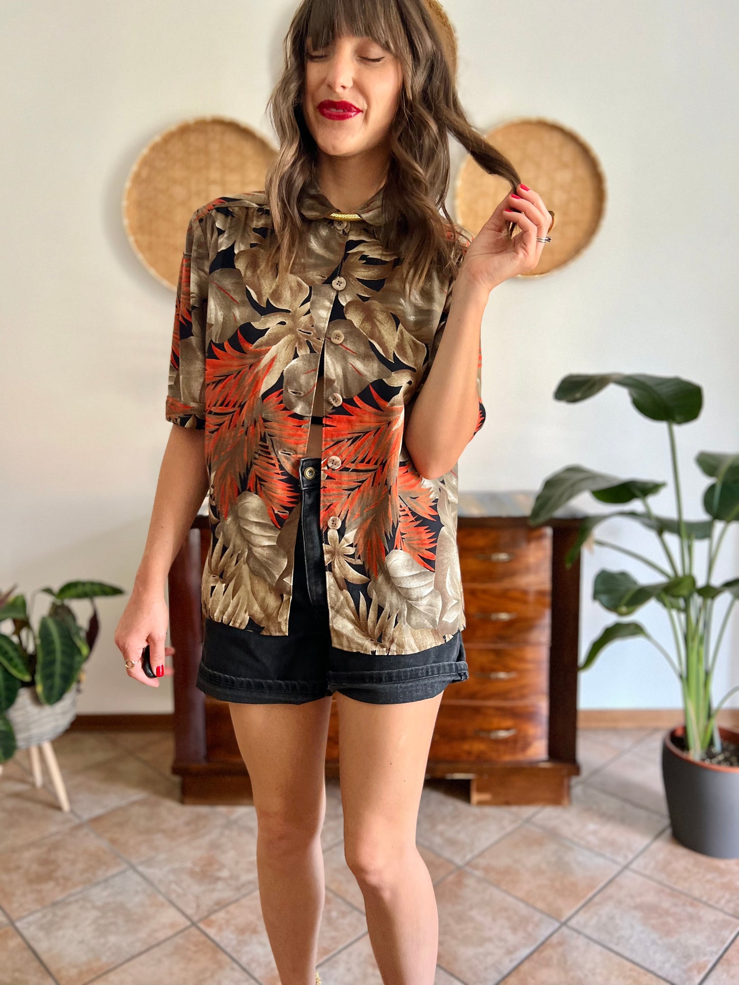 1970's vintage orange, tan and black botanical print shirt