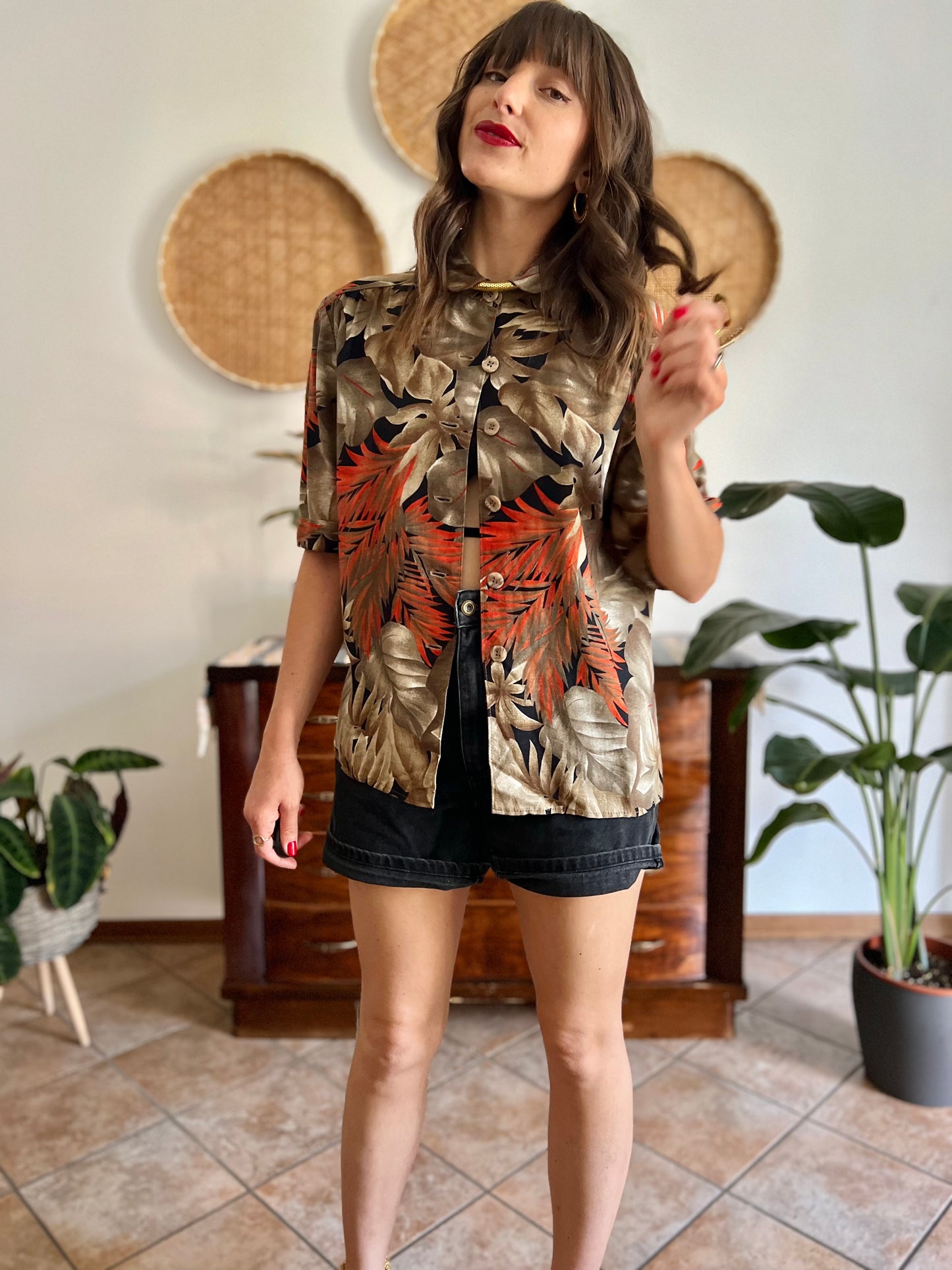 1970's vintage orange, tan and black botanical print shirt