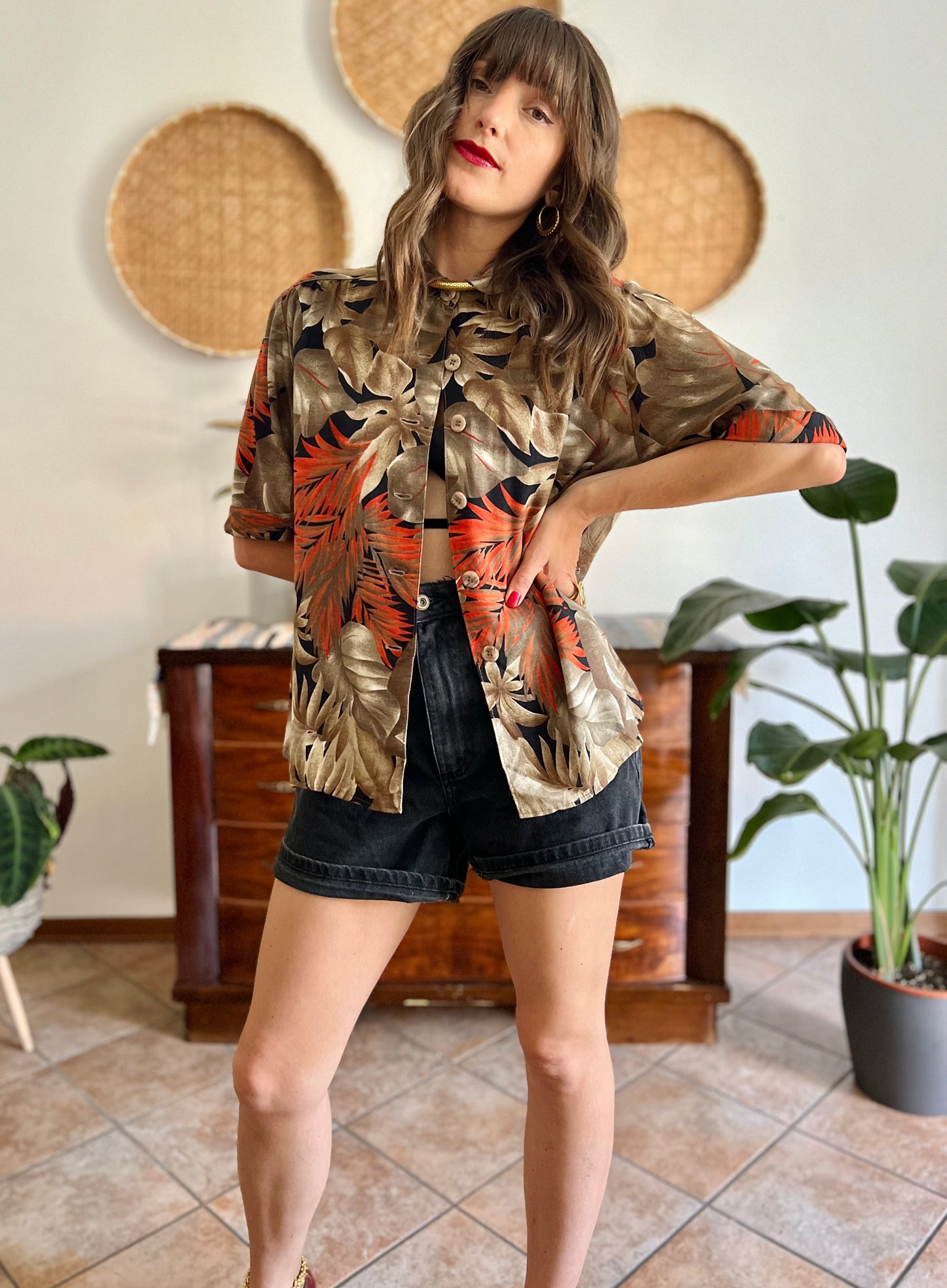 1970's vintage orange, tan and black botanical print shirt