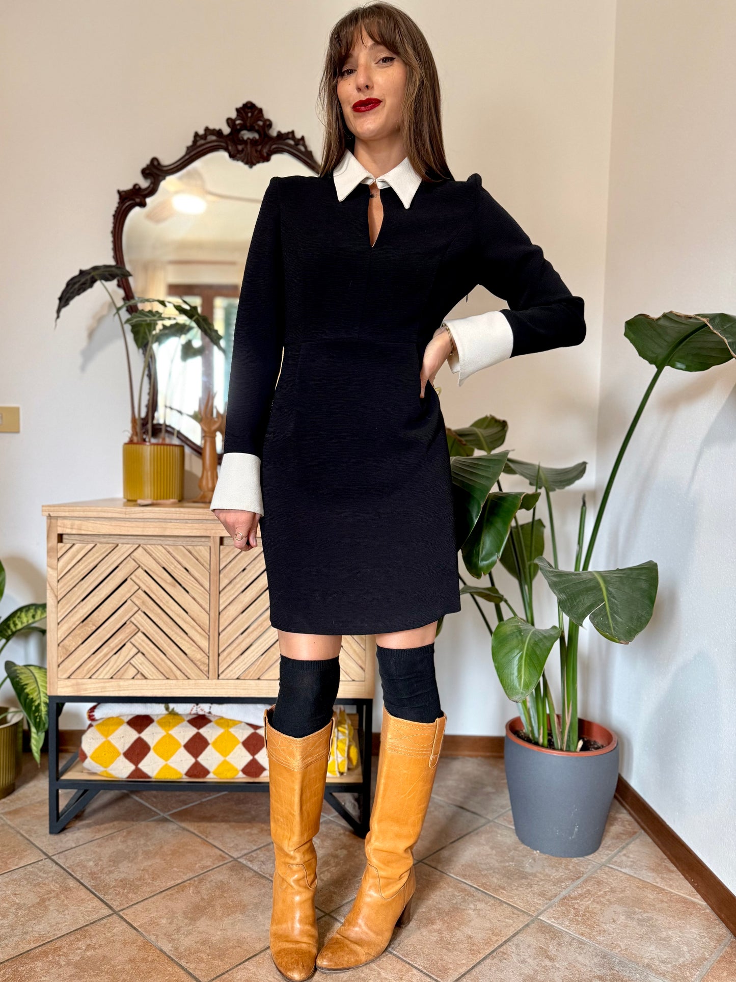 1990's vintage black textured dress with white exaggerated collar and cuffs
