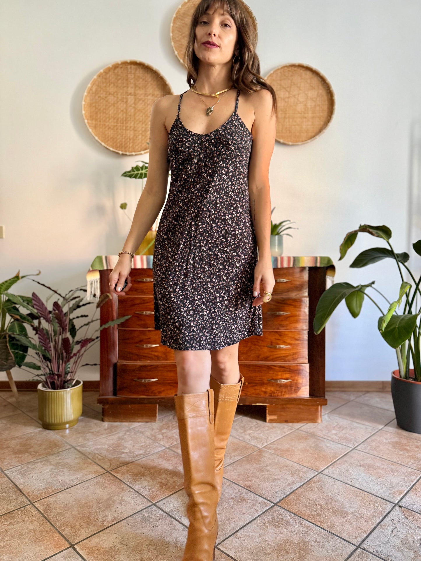 1990's vintage black midi dress with micro floral print