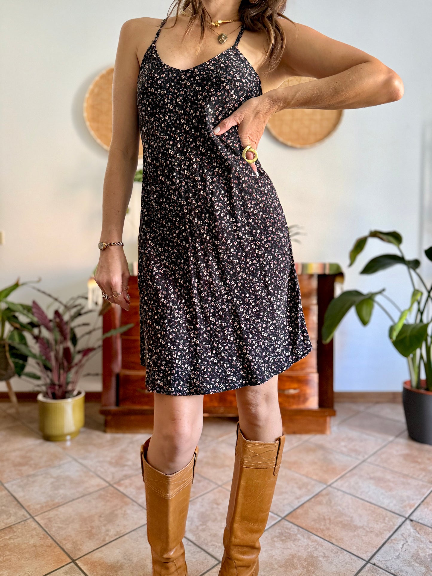 1990's vintage black midi dress with micro floral print