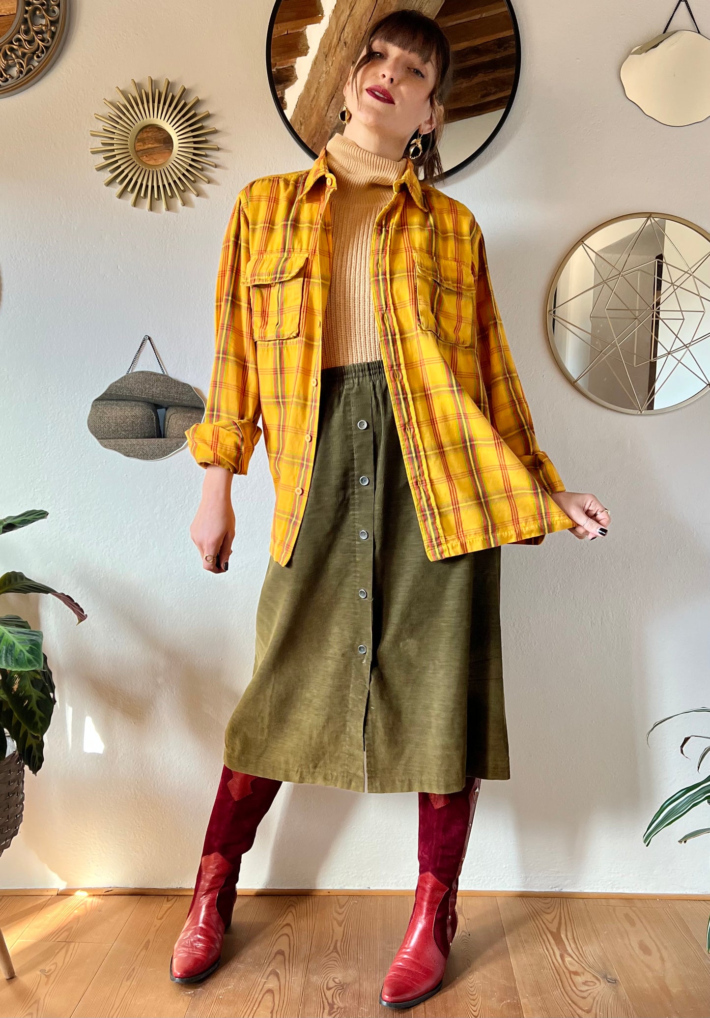 1970's vintage yellow flannel shirt with red and green plaid