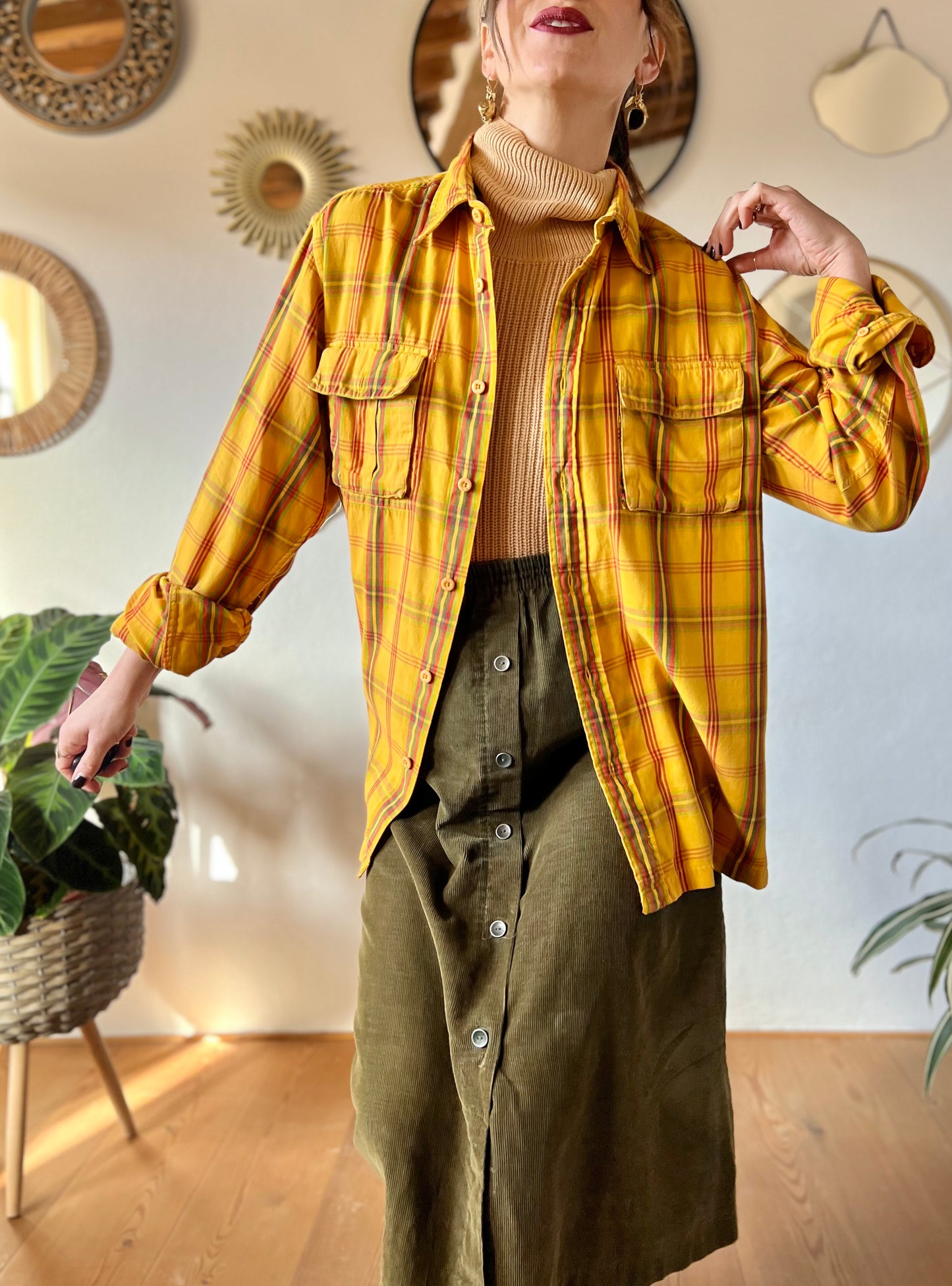 1970's vintage yellow flannel shirt with red and green plaid