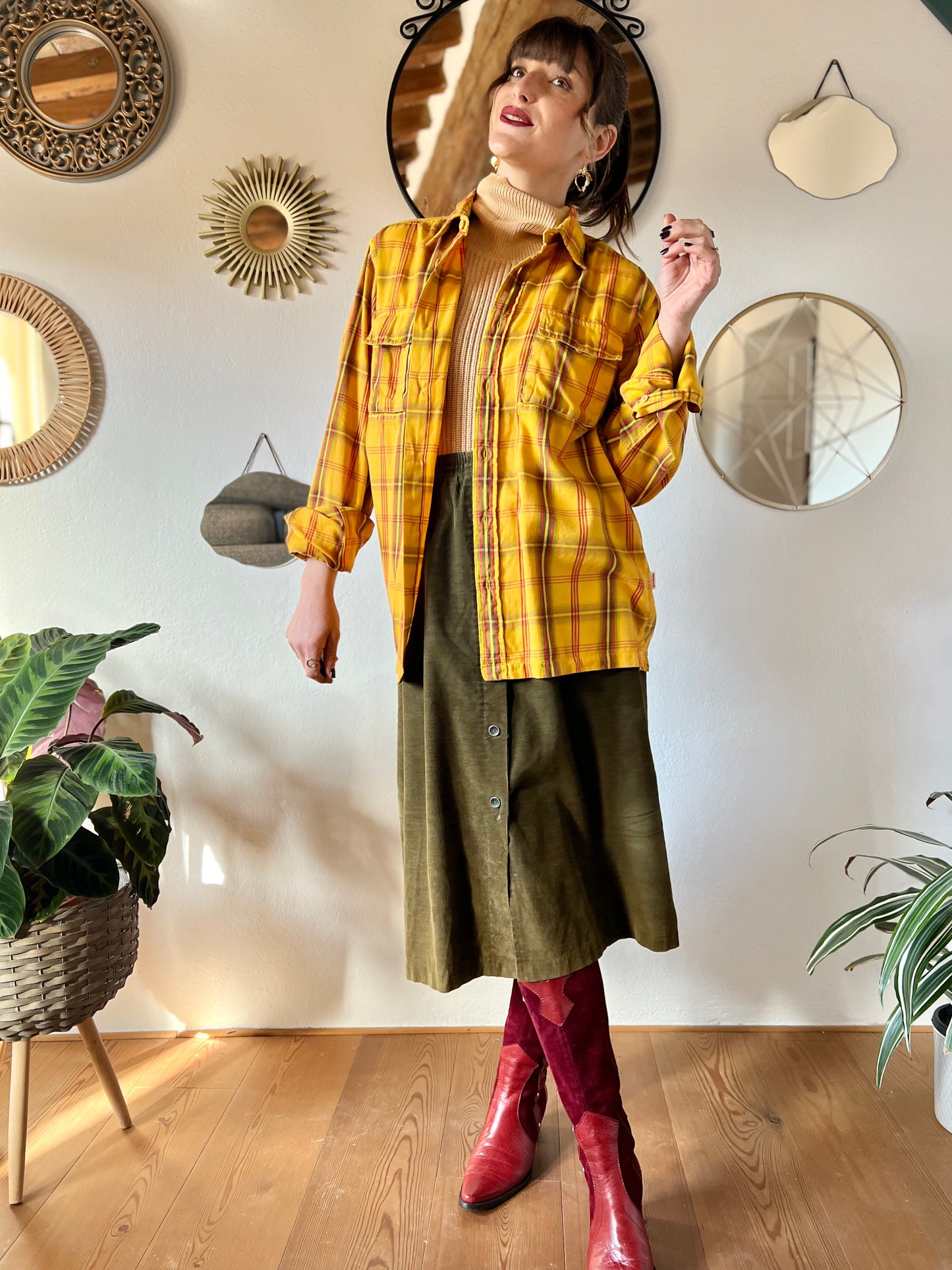 1970's vintage yellow flannel shirt with red and green plaid