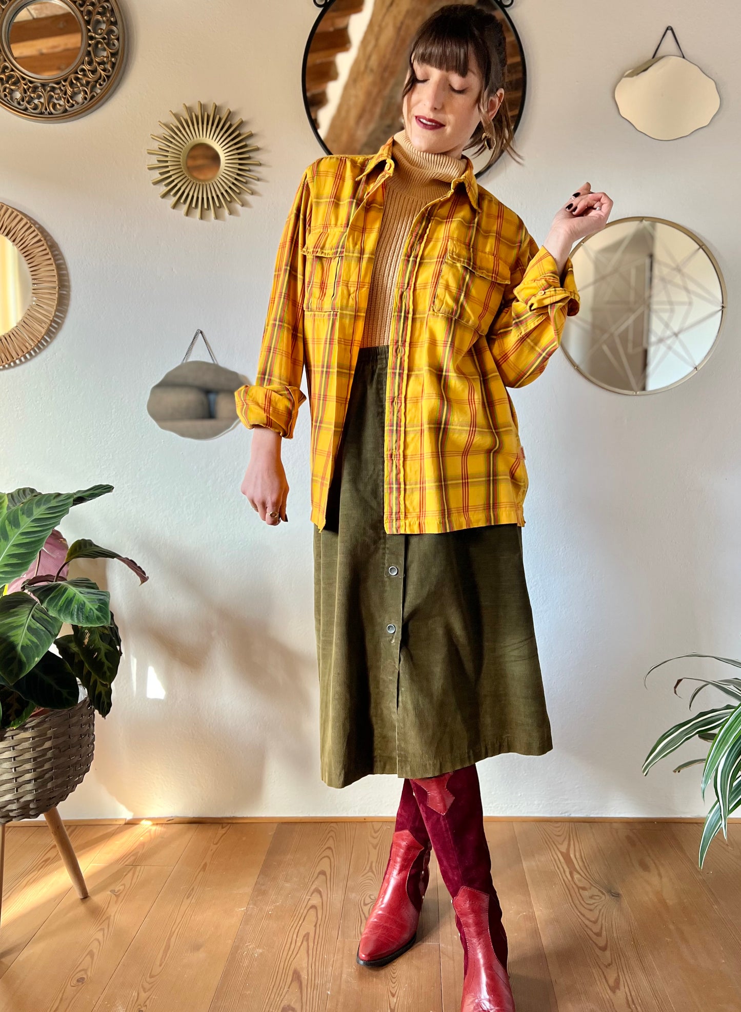 1970's vintage yellow flannel shirt with red and green plaid