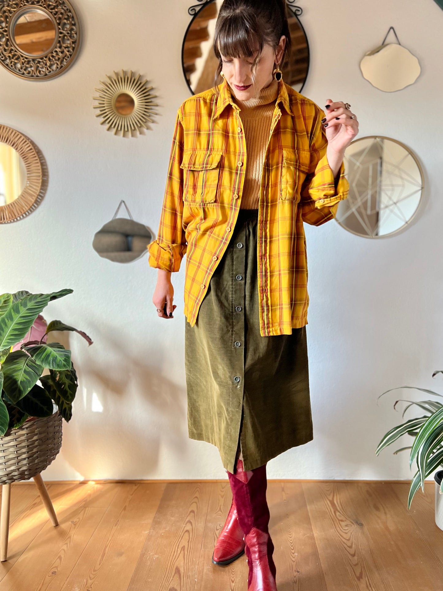 1970's vintage yellow flannel shirt with red and green plaid