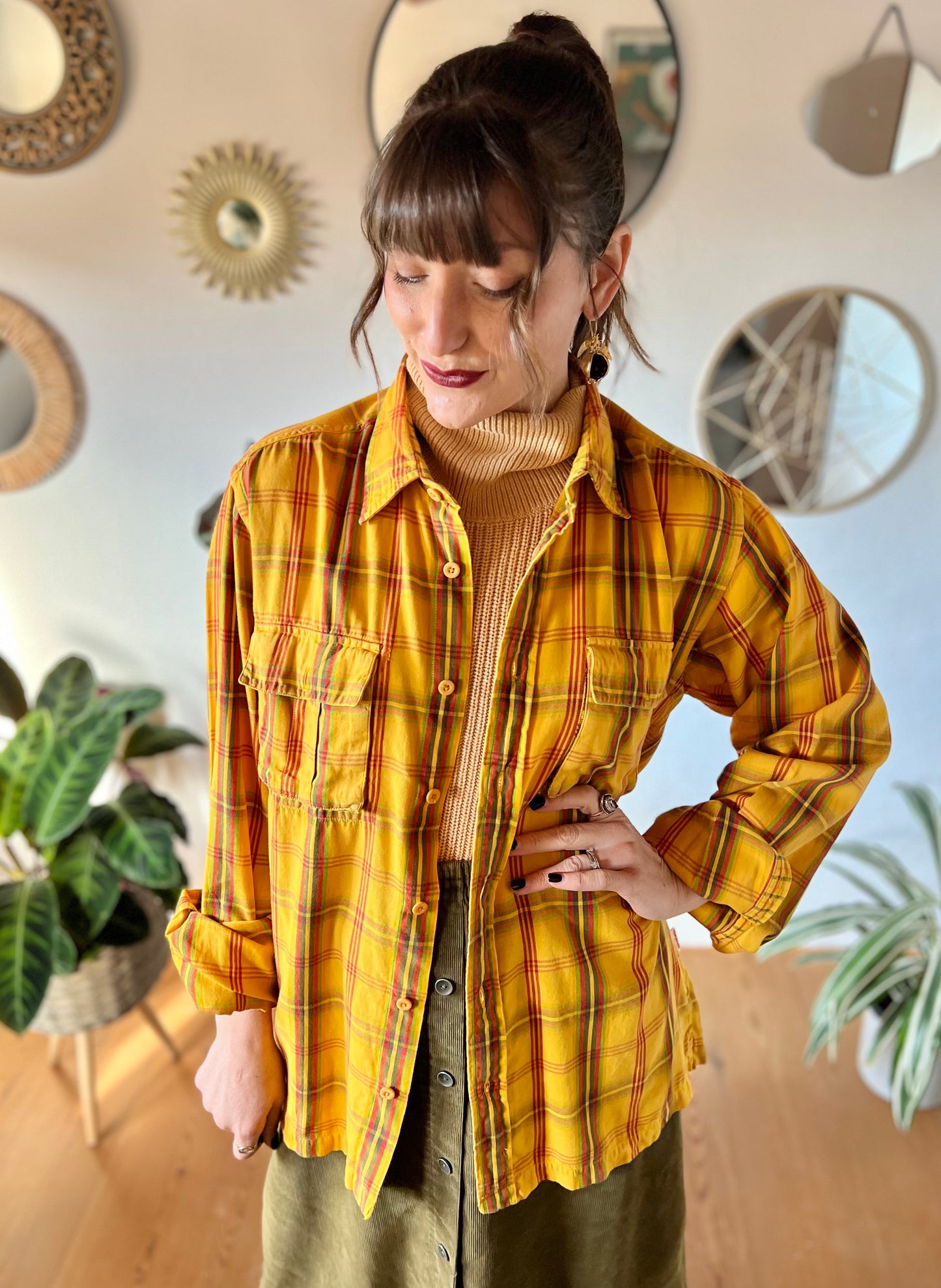 1970's vintage yellow flannel shirt with red and green plaid