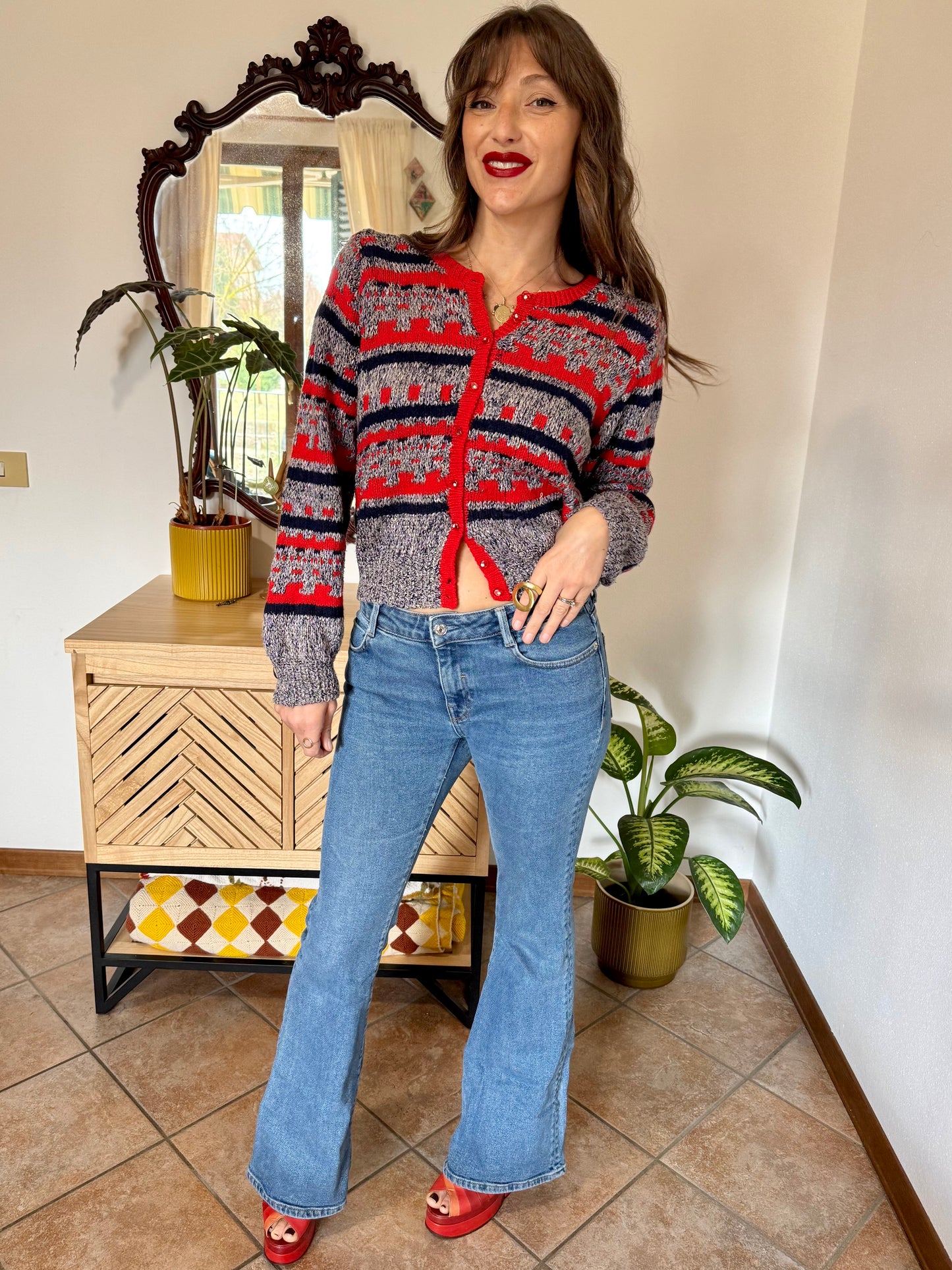 1970's vintage cherry red, blue and grey light weight knit cardigan rhinestone buttons