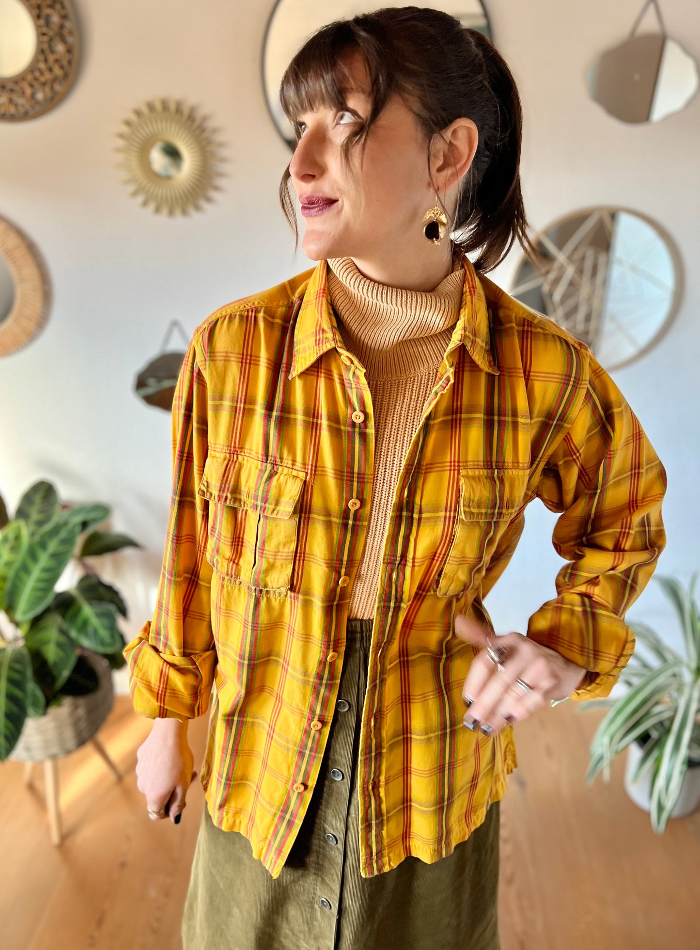 1970's vintage yellow flannel shirt with red and green plaid