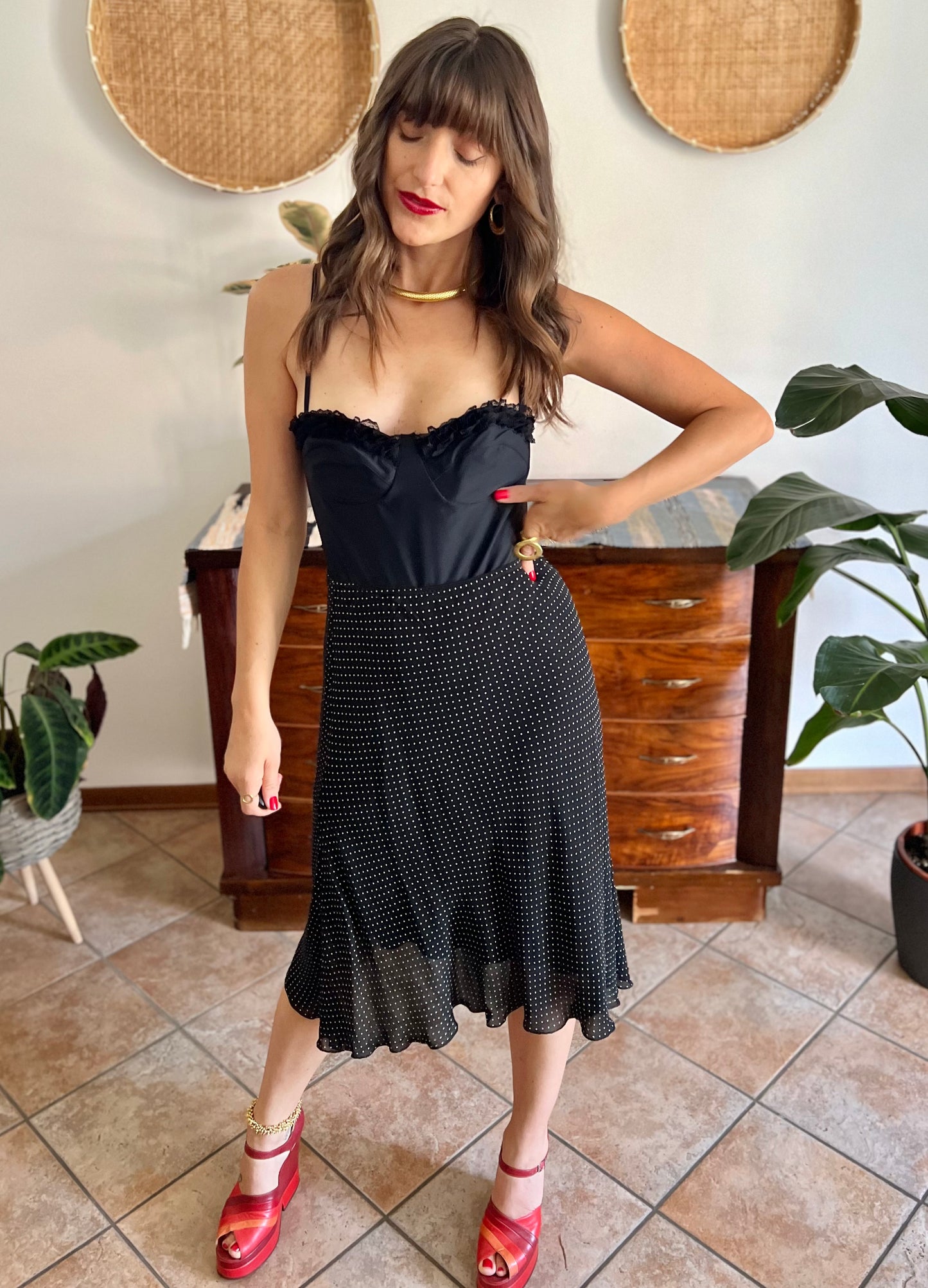 1990's vintage black and white polkadot midi skirt