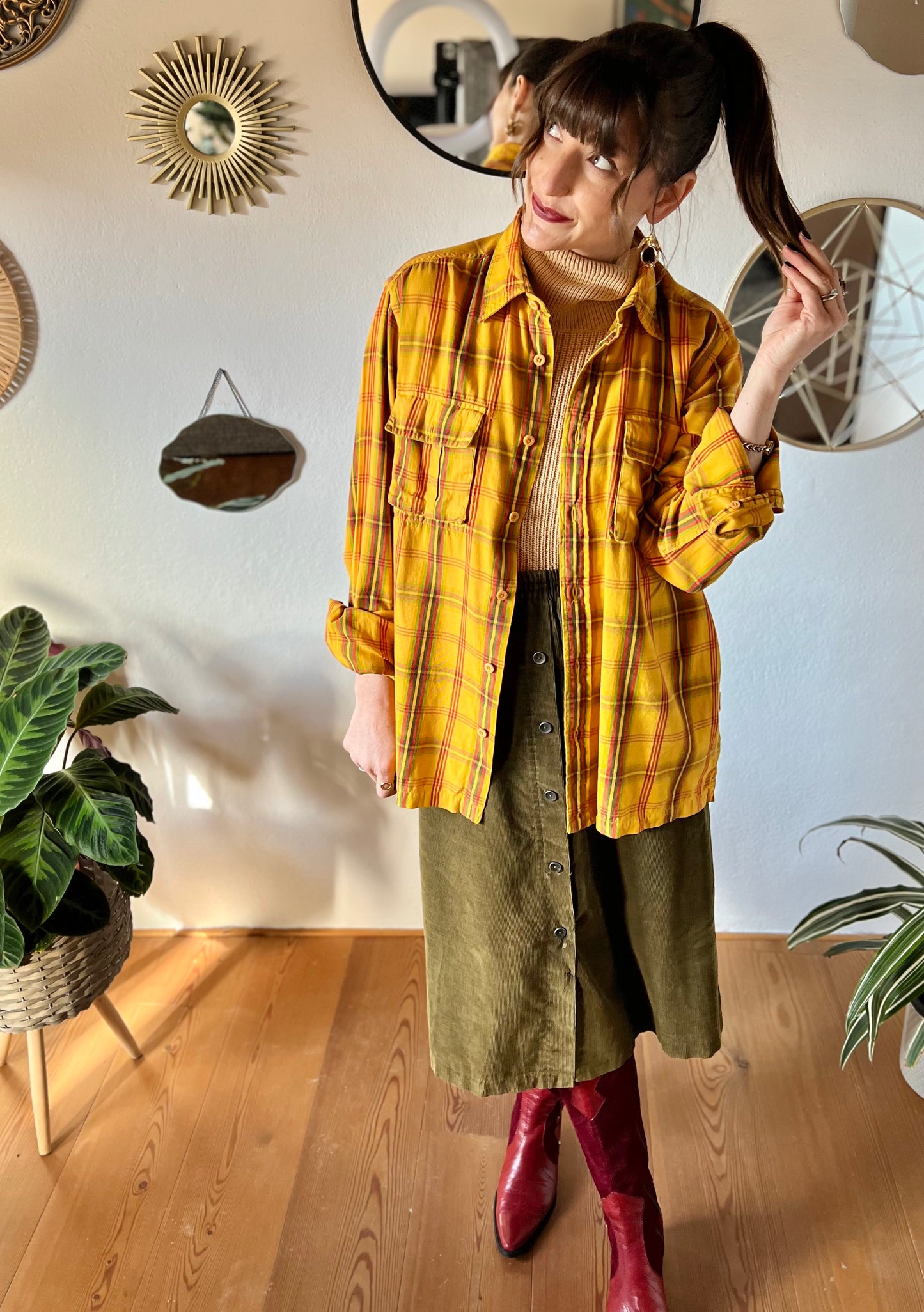 1970's vintage yellow flannel shirt with red and green plaid