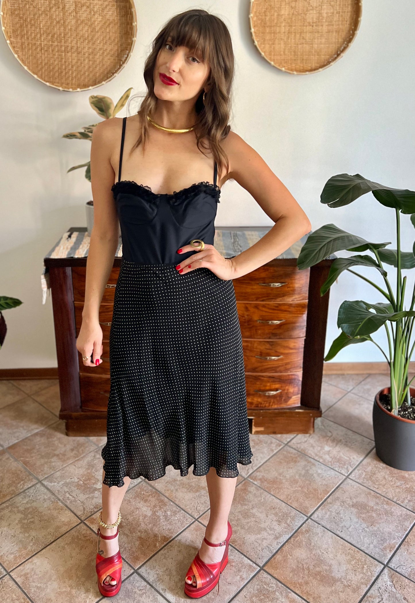 1990's vintage black and white polkadot midi skirt