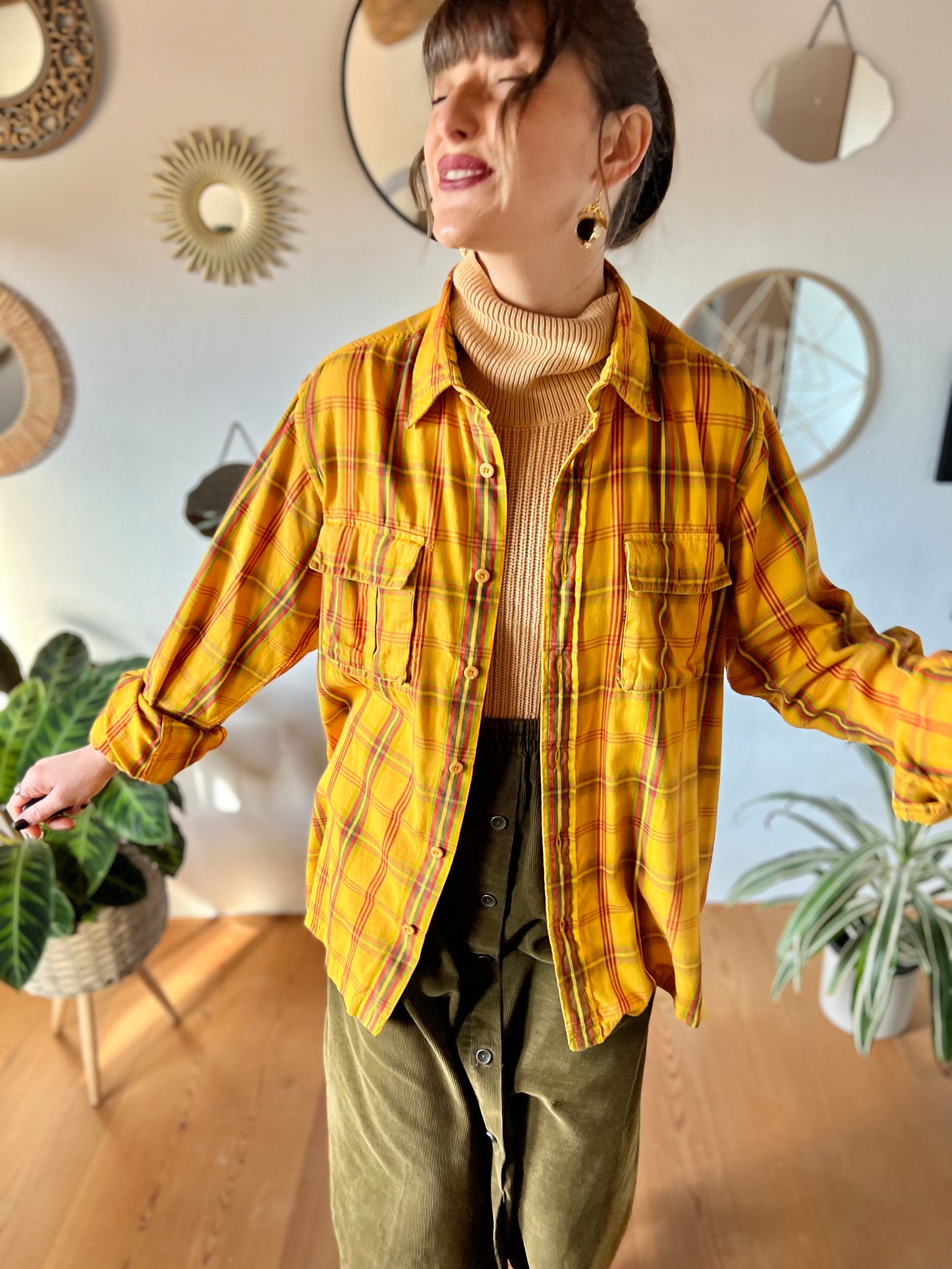 1970's vintage yellow flannel shirt with red and green plaid
