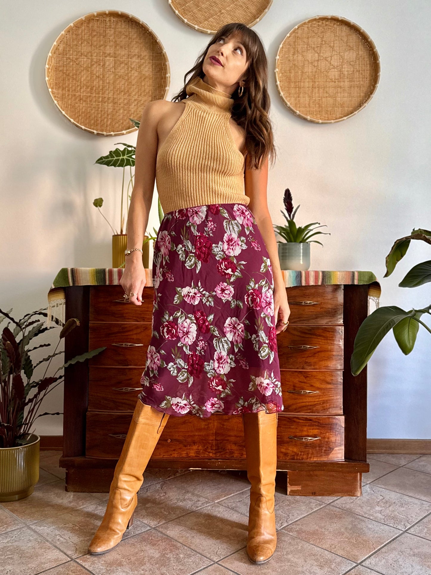 1990's vintage burgundy floral print midi skirt