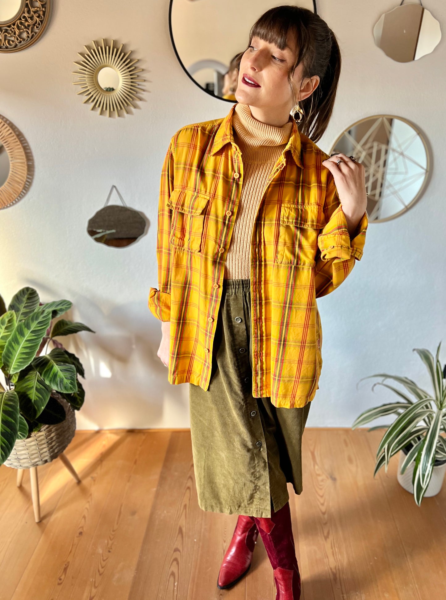 1970's vintage yellow flannel shirt with red and green plaid