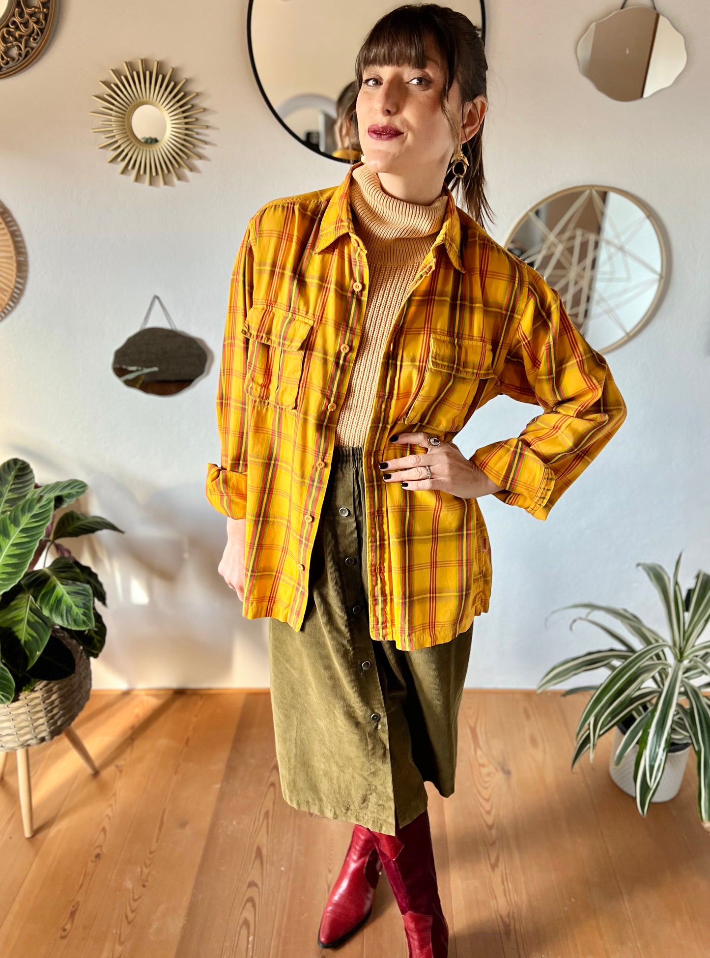 1970's vintage yellow flannel shirt with red and green plaid