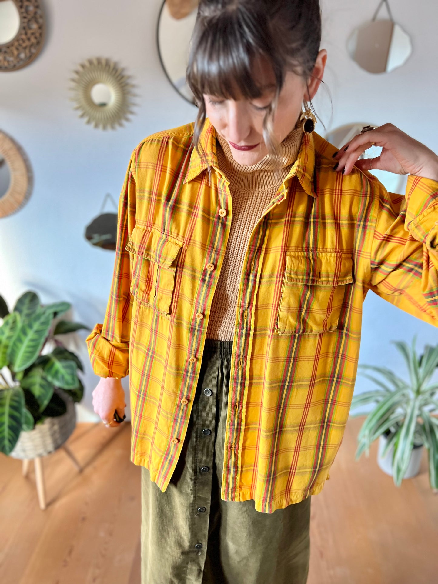 1970's vintage yellow flannel shirt with red and green plaid