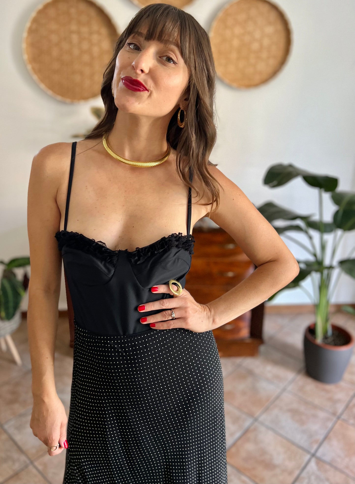 1970's vintage black texture body suit with lace trimming