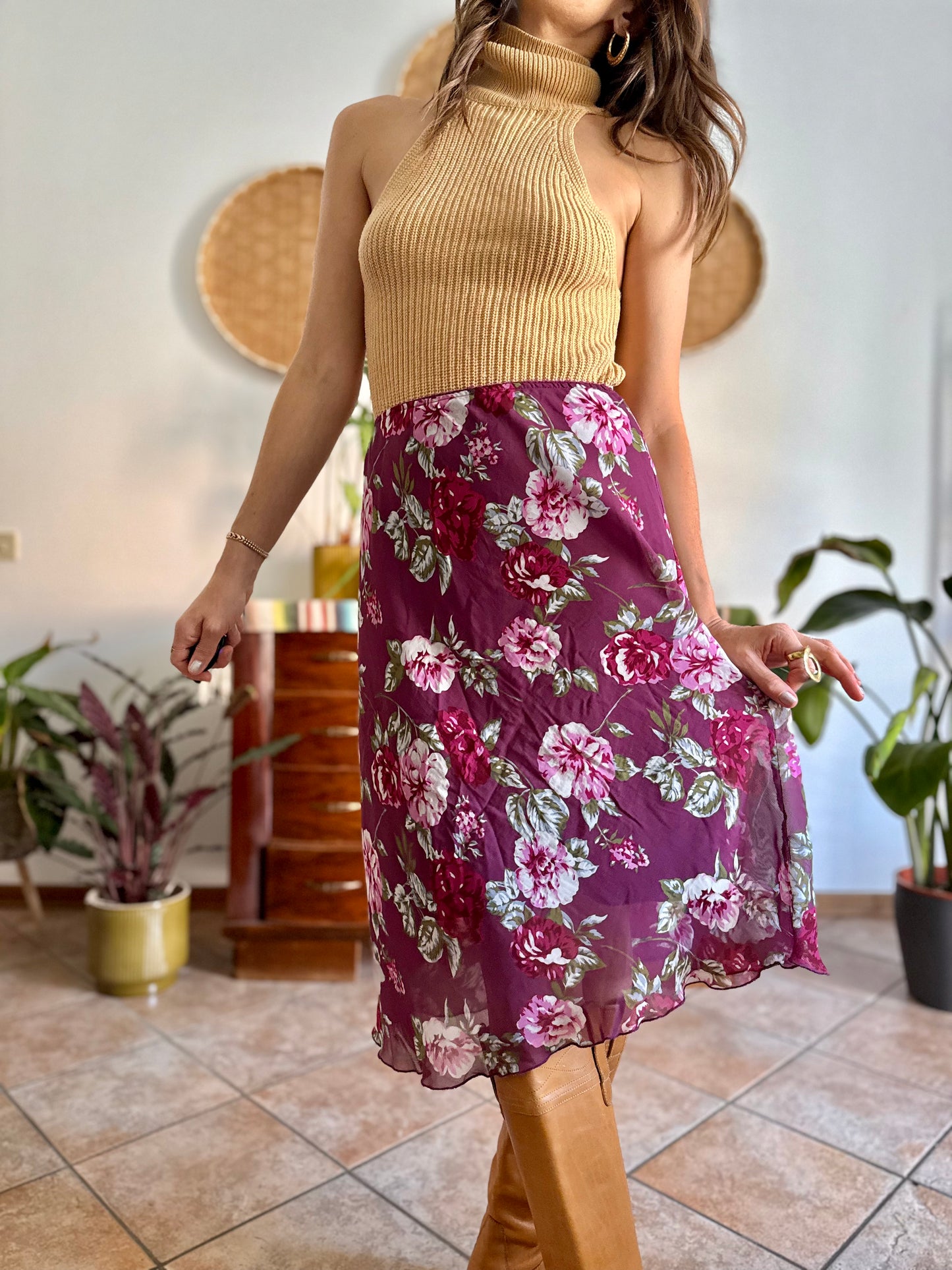 1990's vintage burgundy floral print midi skirt