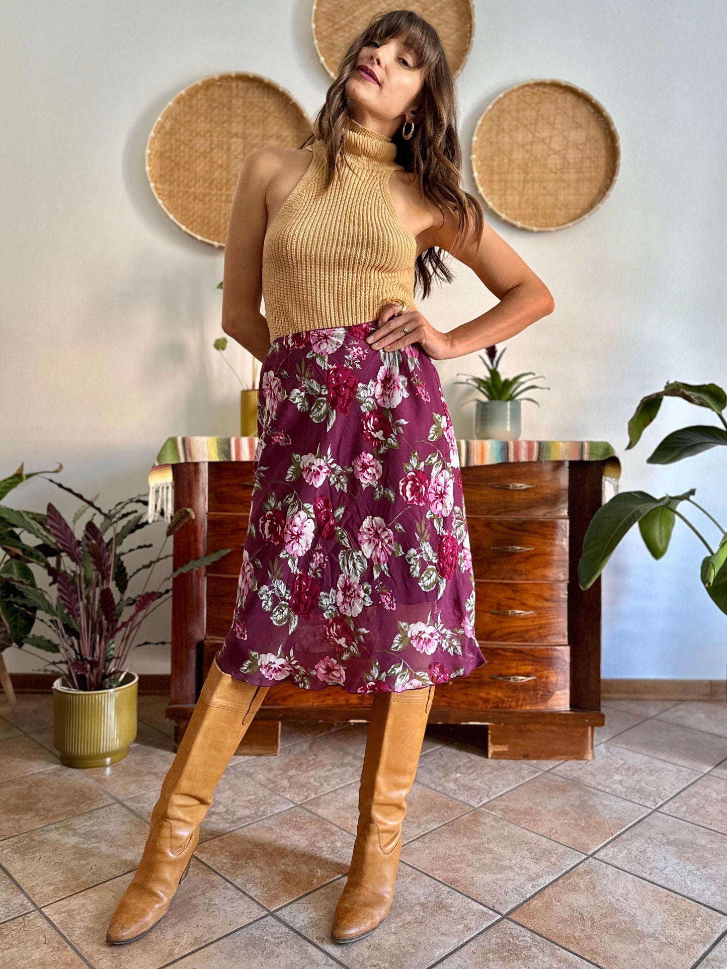 1990's vintage burgundy floral print midi skirt