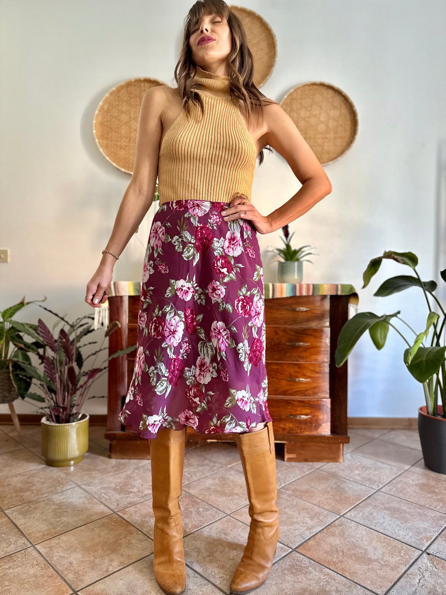 1990's vintage burgundy floral print midi skirt