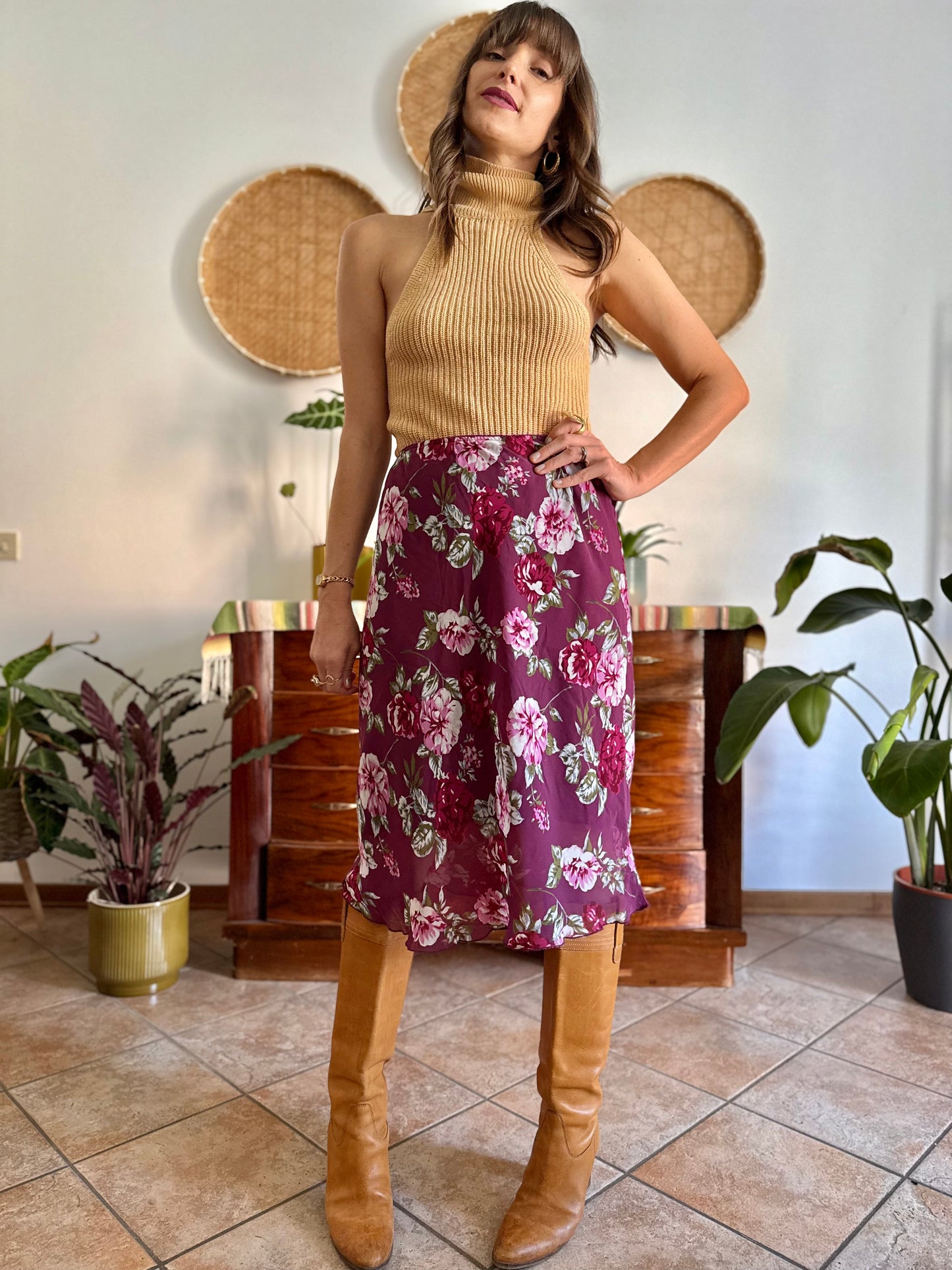 1990's vintage burgundy floral print midi skirt