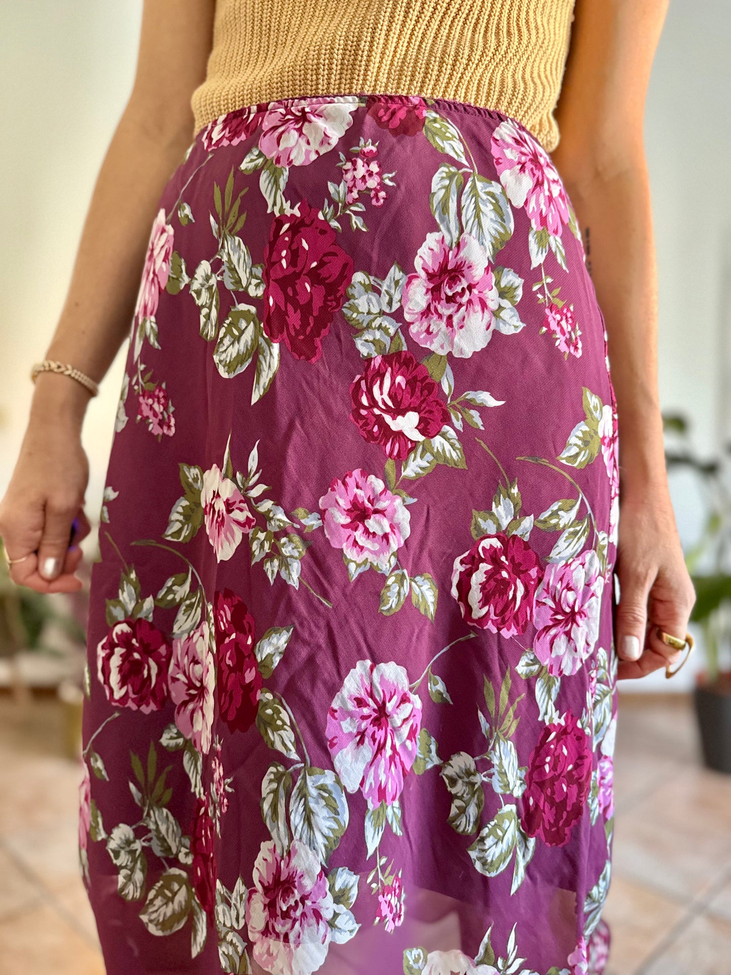 1990's vintage burgundy floral print midi skirt